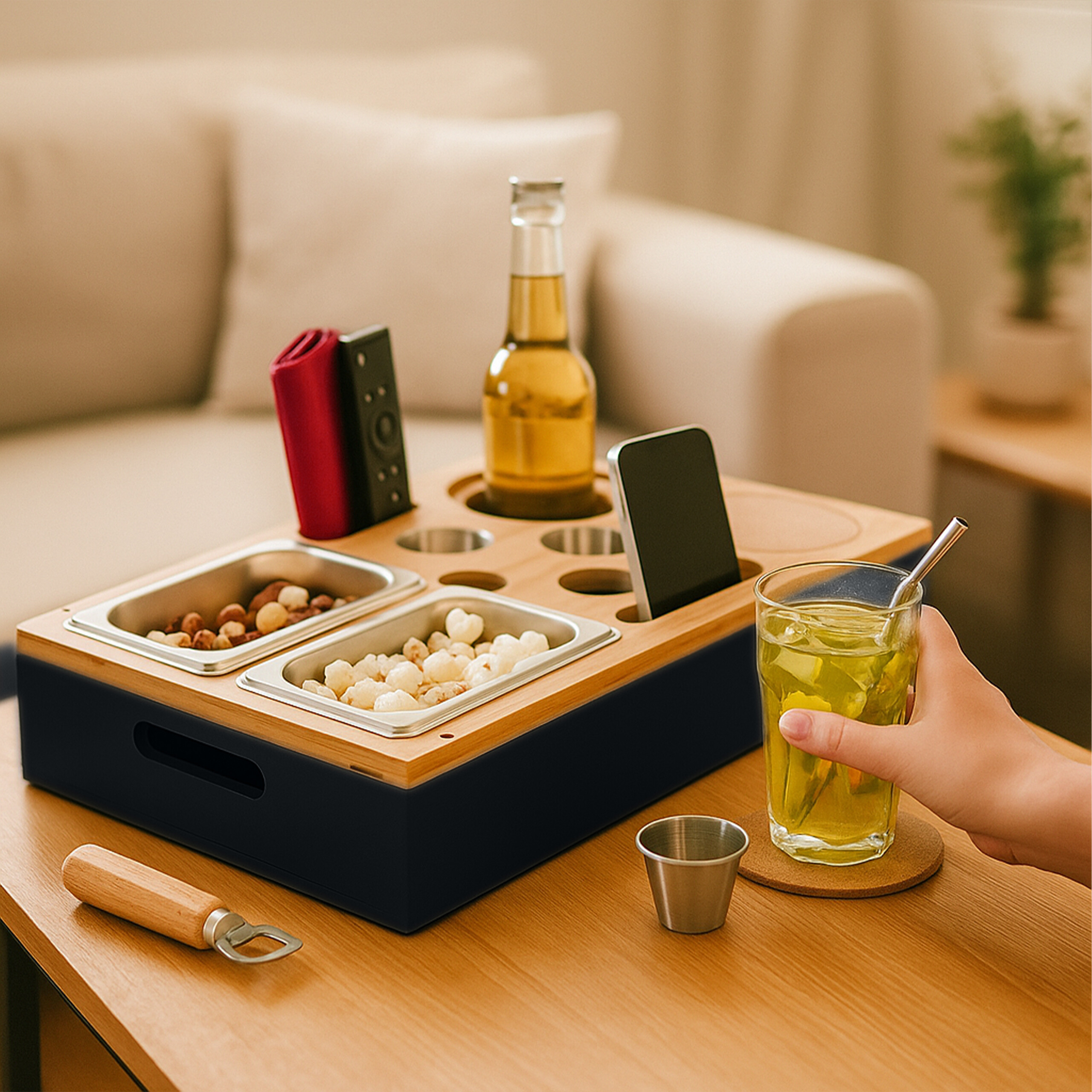 Ein Holzorganizer auf einem Tisch hält Snacks, Getränke und ein Handy, während eine Hand ein Glas hält.