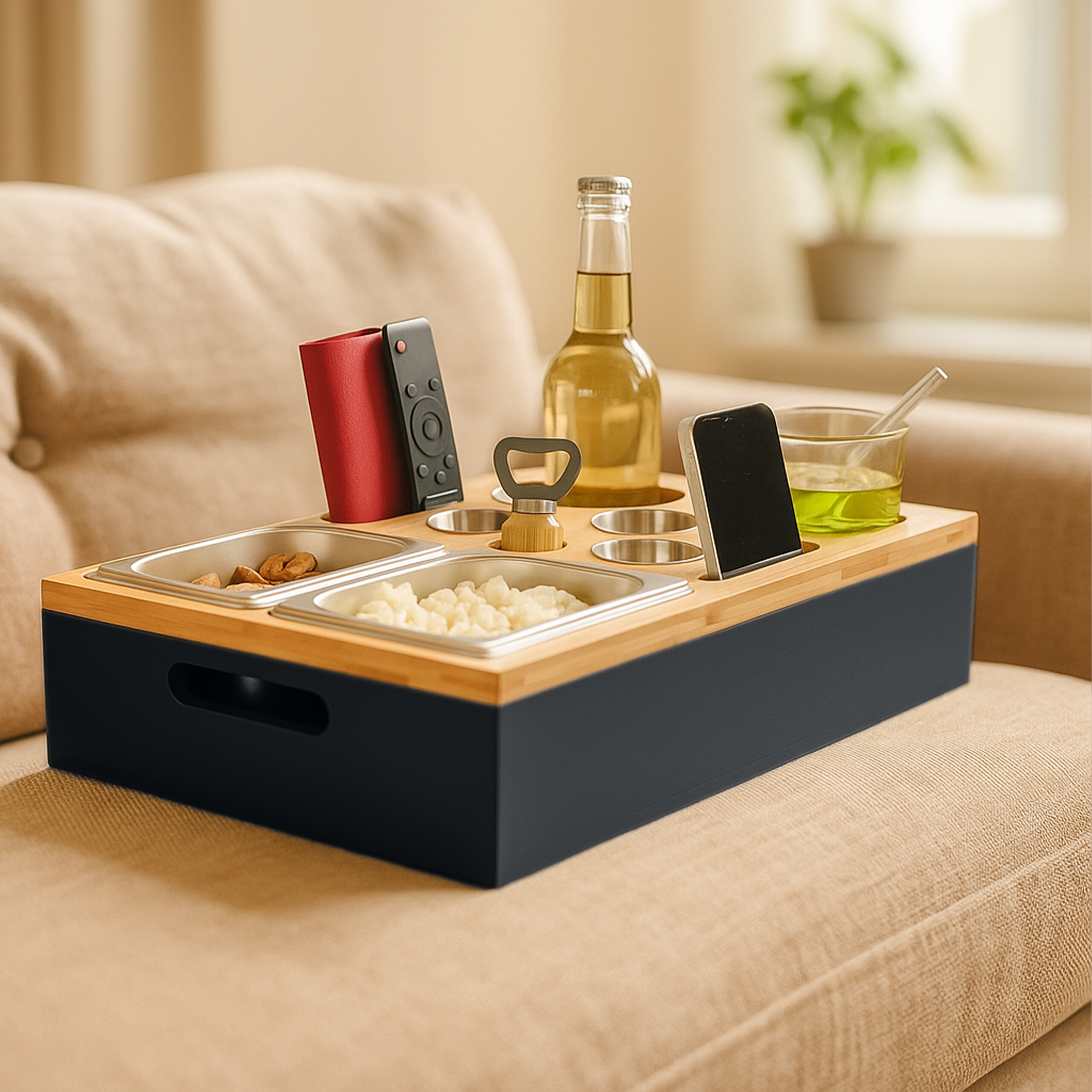 Ein Sofa-Caddy aus Holz mit Flasche, Snacks, Handy und Fernbedienung steht auf einem beigen Sofa.