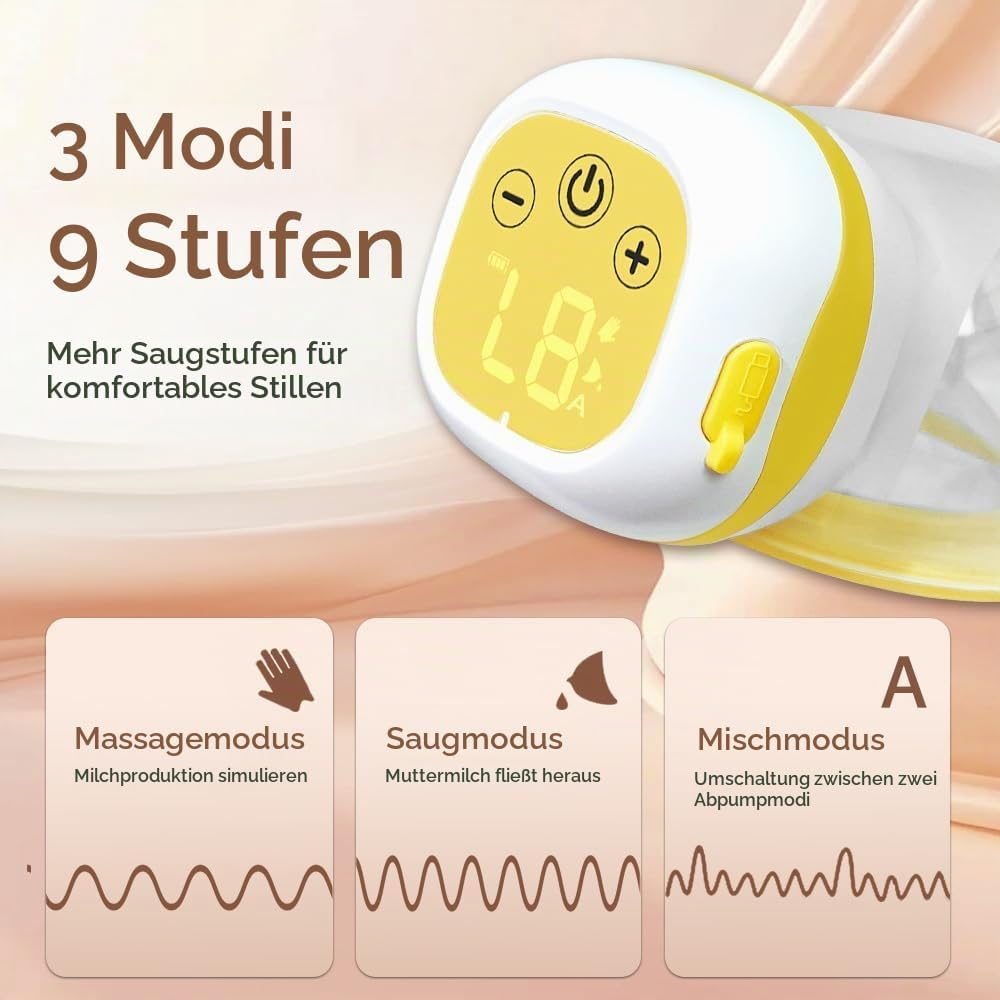 Eine elektrische Milchpumpe mit Display zeigt 3 Modi und 9 Stufen, inklusive Massage-, Saug- und Mischmodus.