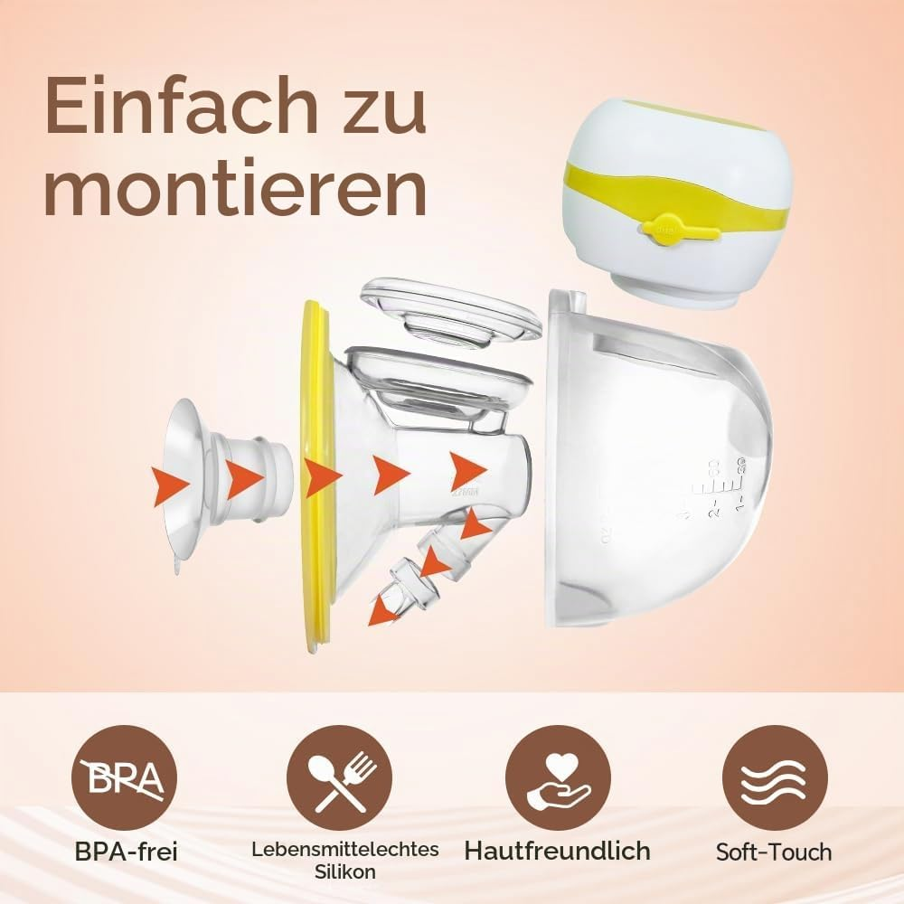 Explosionszeichnung einer Milchpumpe mit Bauteilen und Symbolen für BPA-frei, Silikon, hautfreundlich und Soft-Touch.