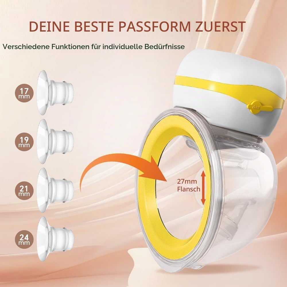 Eine elektrische Milchpumpe mit gelbem Einsatz und verschiedenen Flanschgrößen von 17 bis 27mm.