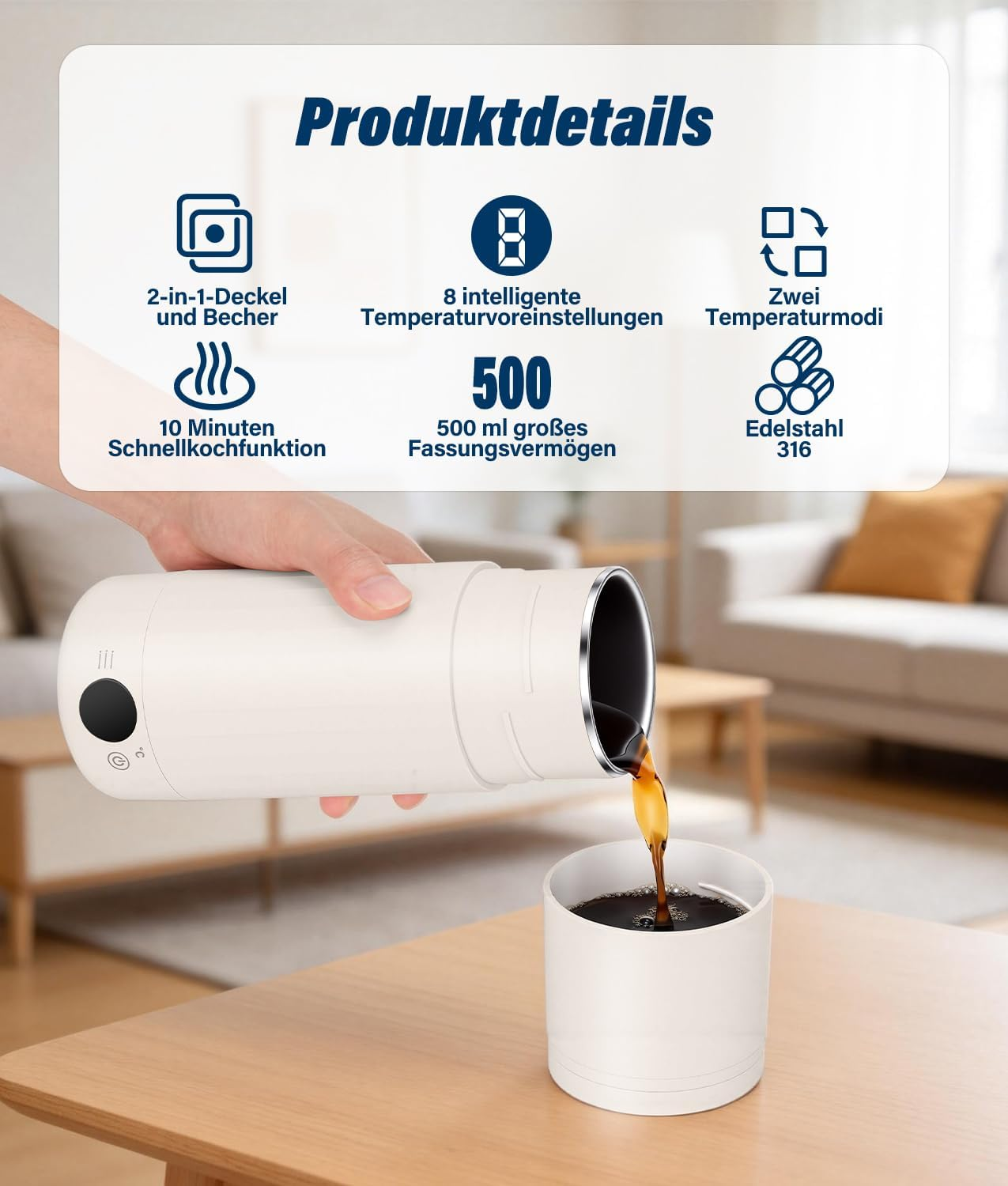 Hand giesst Kaffee aus einer weissen Thermoskanne in eine Tasse, mit Infografik-Icons oben.