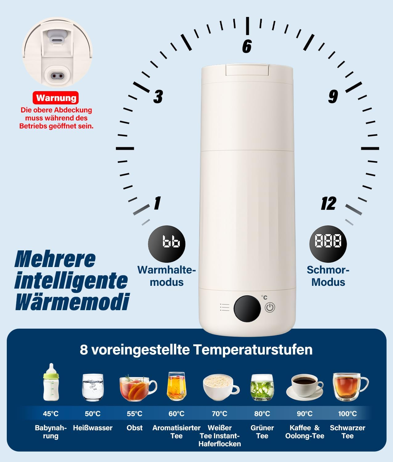 Intelligenter wei ßer Thermobecher mit 8 Temperatureinstellungen und digitaler Anzeige vor blauem Hintergrund.