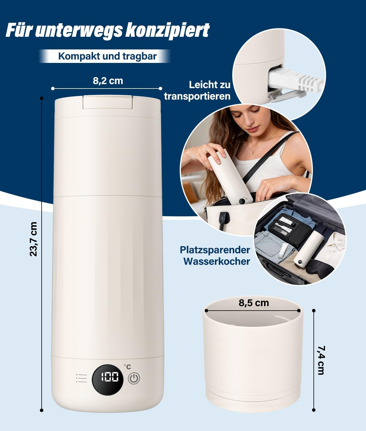 Kompakter weißer Reisekocher mit Maßen, Stecker und Frau, die ihn einpackt.