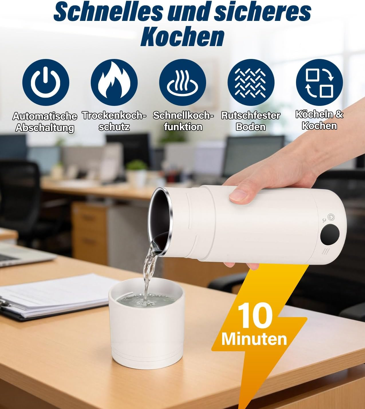 Eine Hand gießt Wasser aus einer weißen Thermoskanne in einen Becher, mit Symbolen und Text für schnelles Kochen.