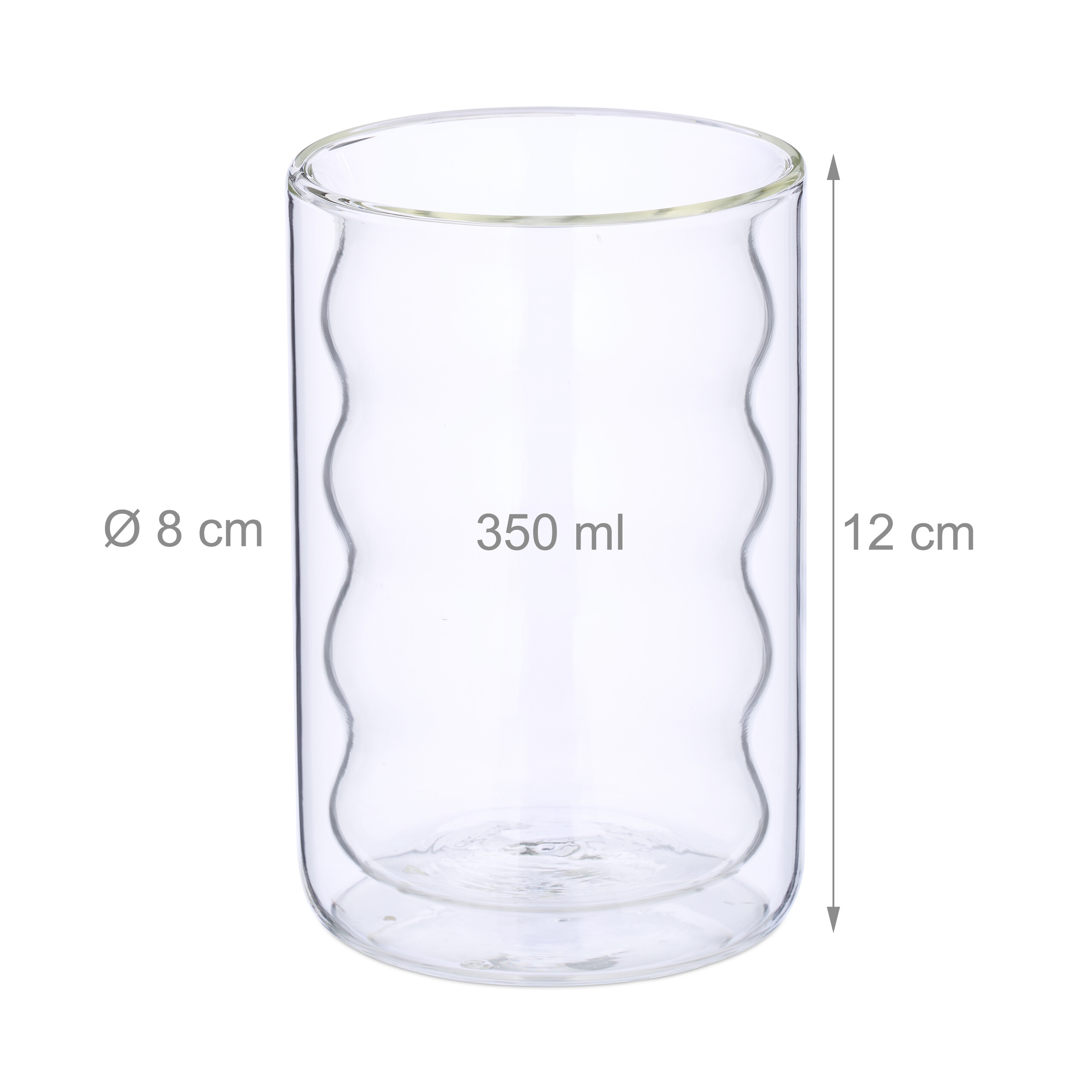 Doppelwandiges Glas, 350 ml, mit Maßen 8 cm Durchmesser und 12 cm Höhe.