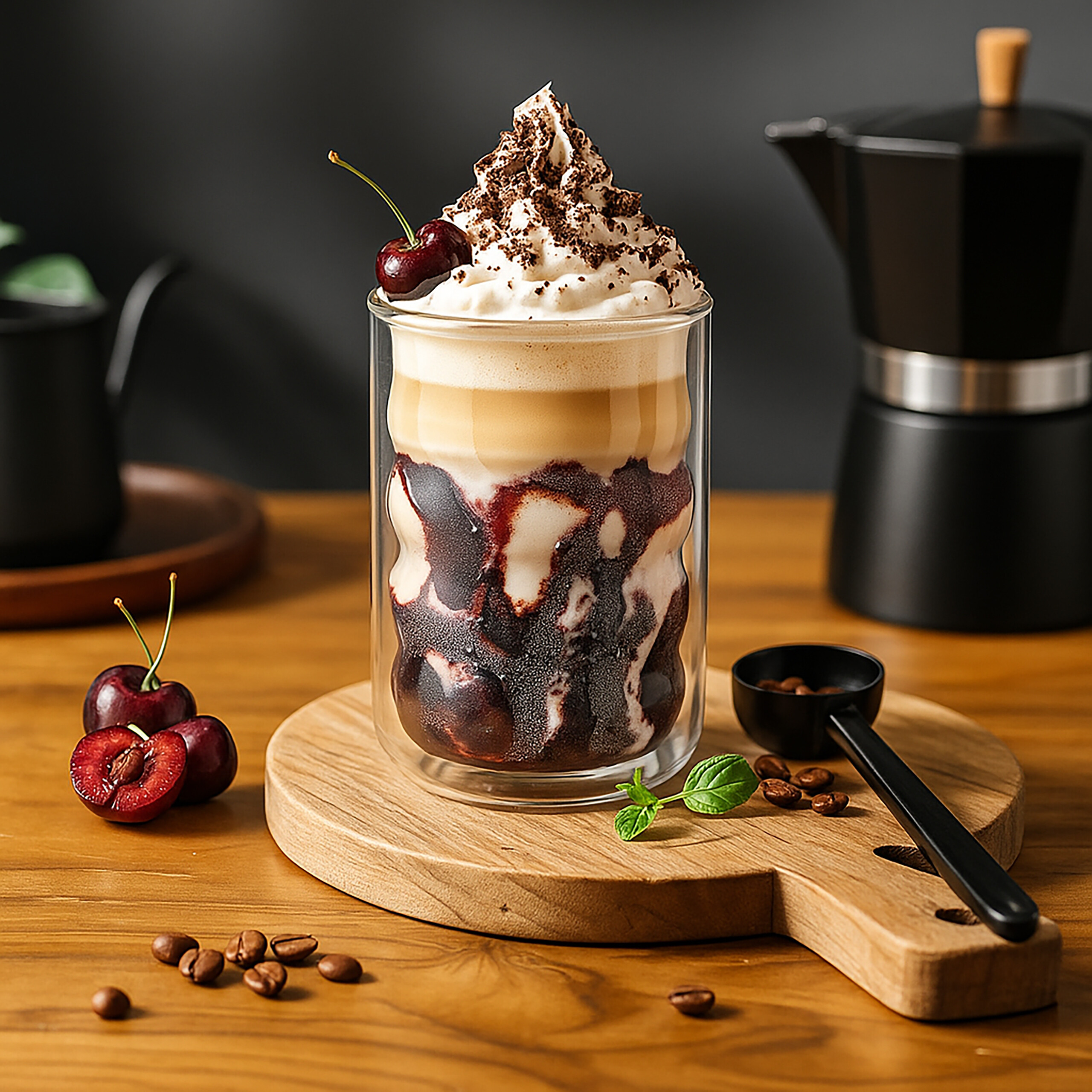 Ein Glas Schichtkaffee mit Kirschen und Sahne auf Holzbrett.