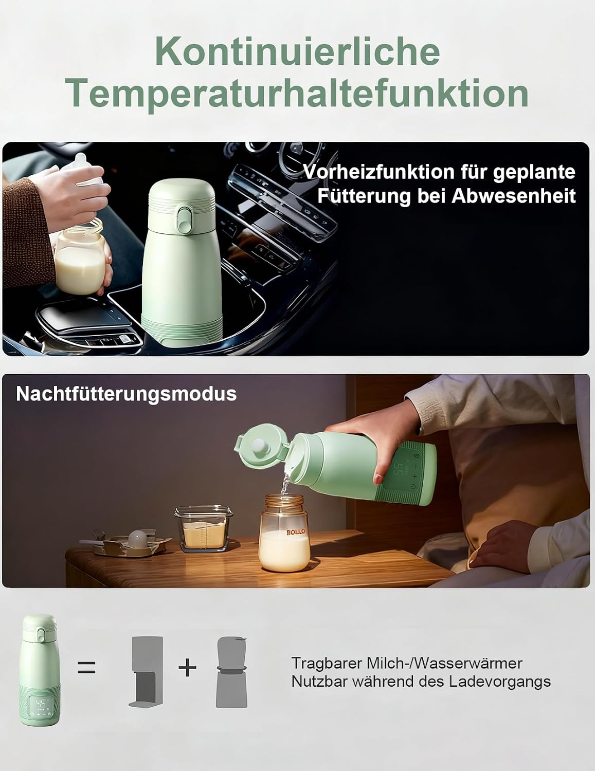 Grüner tragbarer Milch- und Wasserwärmer für unterwegs mit verschiedenen Modi und Ladefunktion.