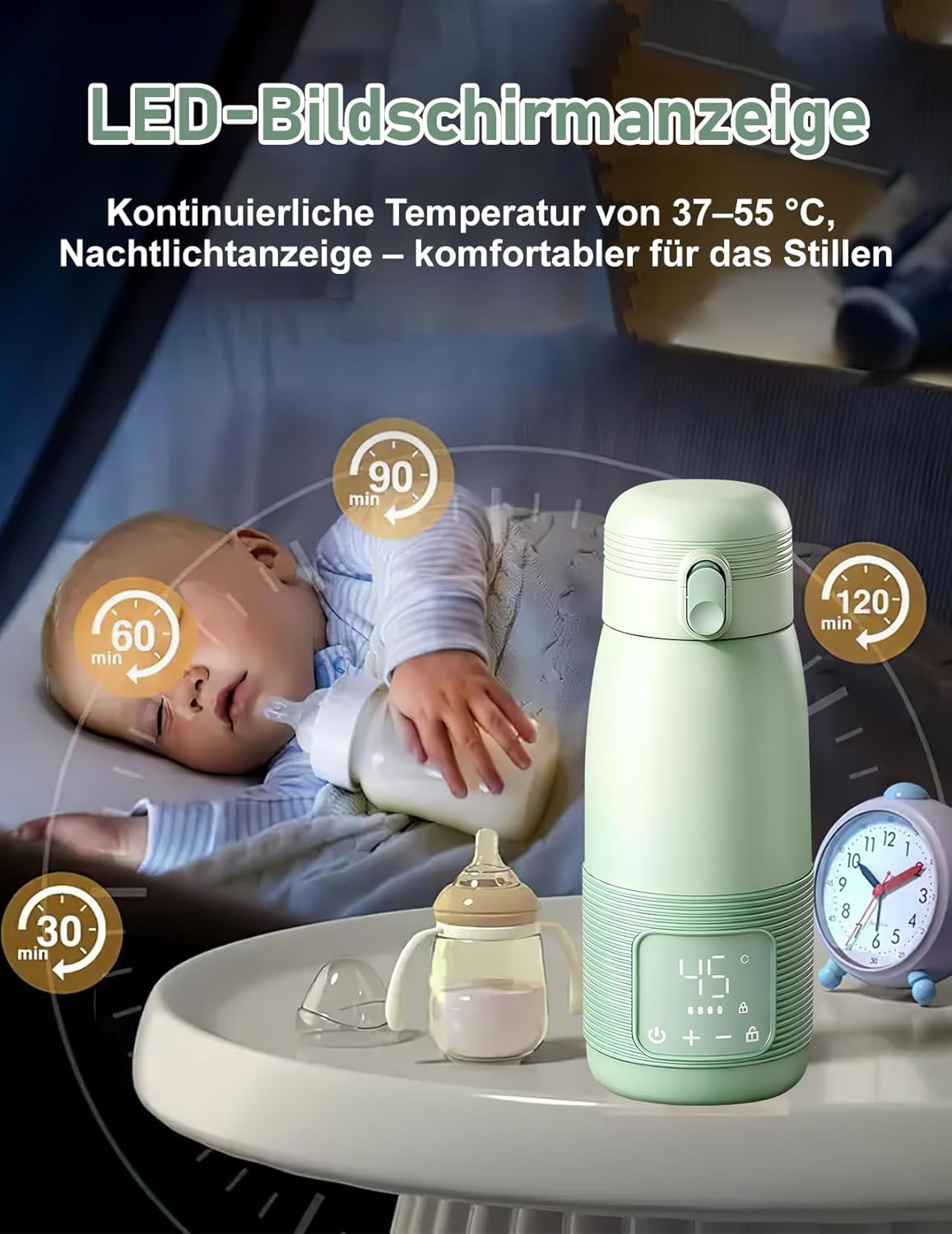 Grüner Flaschenwärmer mit LED-Display auf einem Tisch neben einem Baby und einer kleinen Flasche.