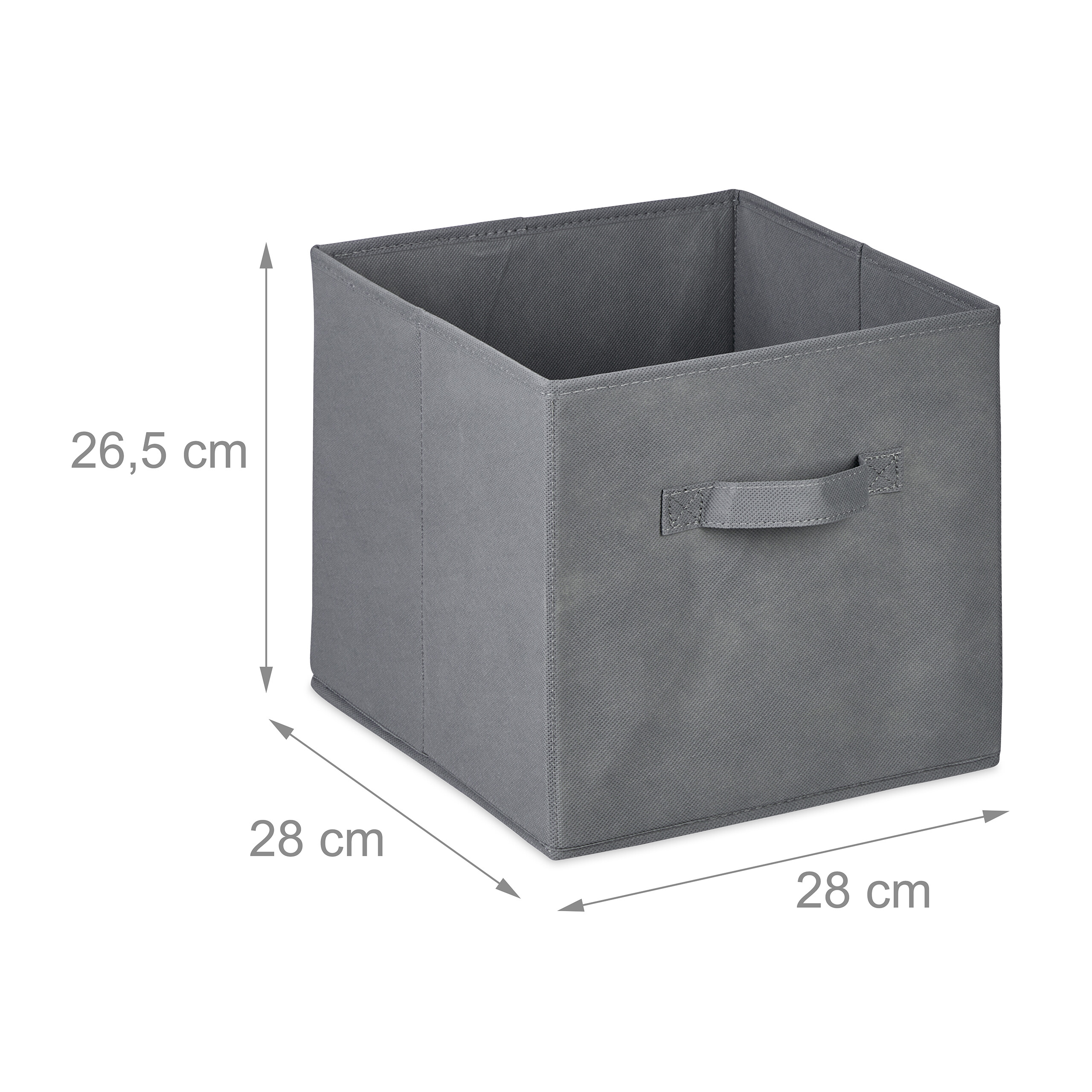 Graue Faltbox aus Stoff mit Griff, Maße 28x28x26,5 cm, auf weißem Hintergrund.