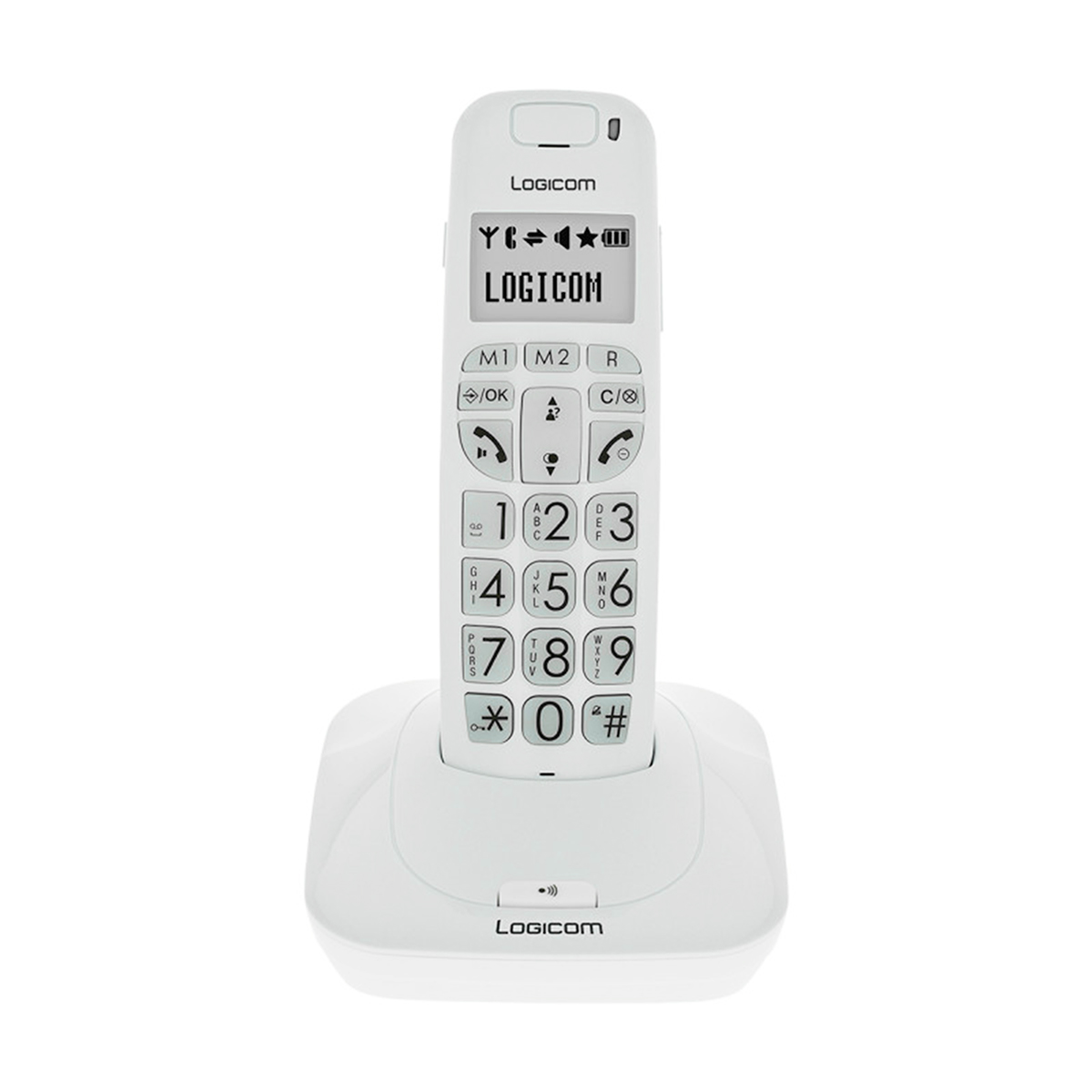 Ein weißes Logicom-Schnurlostelefon mit großer Tastatur steht in seiner Ladestation.