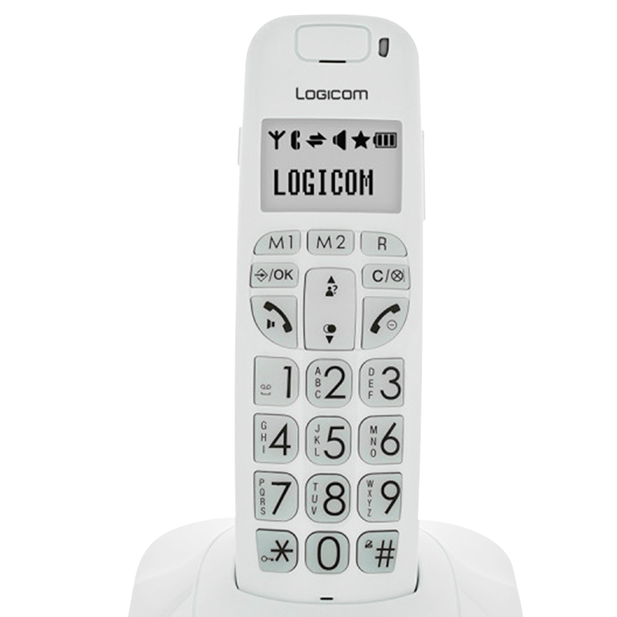 Ein weißes schnurloses Logicom-Festnetztelefon mit großen Tasten steht aufrecht auf seiner Ladebasis vor weißem Hintergrund.