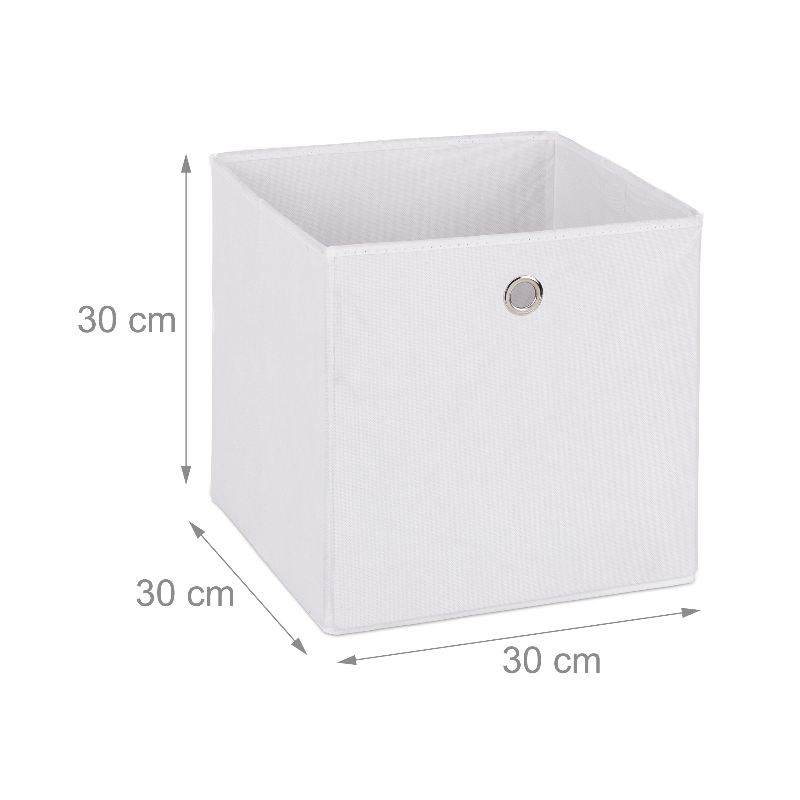 Weiße Aufbewahrungsbox mit Maßen von 30x30x30 cm und Grifföse auf weißem Hintergrund.