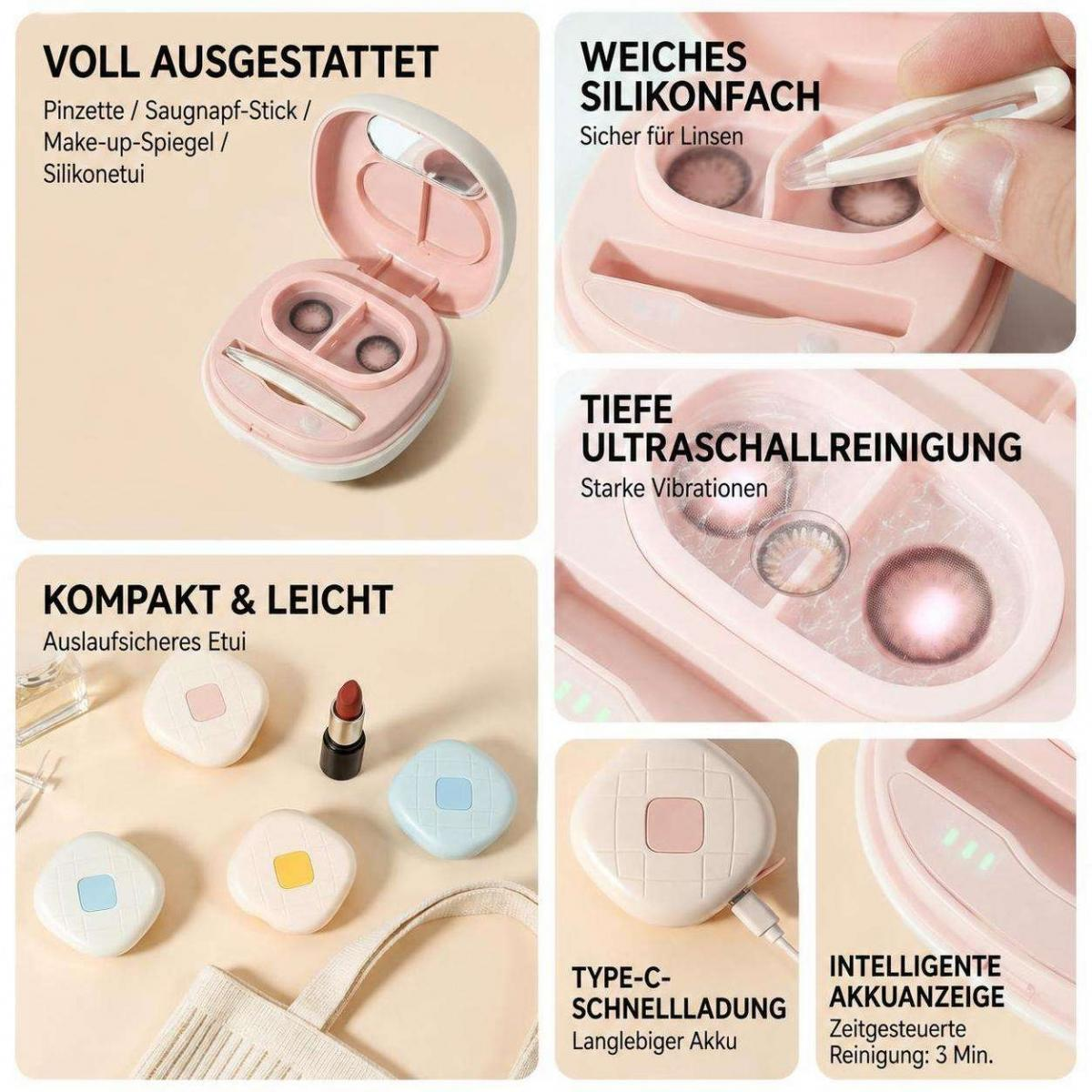 Eine pinke Ultraschall-Kontaktlinsenreinigungsbox mit Zubehör und Erklärungen in deutscher Sprache.
