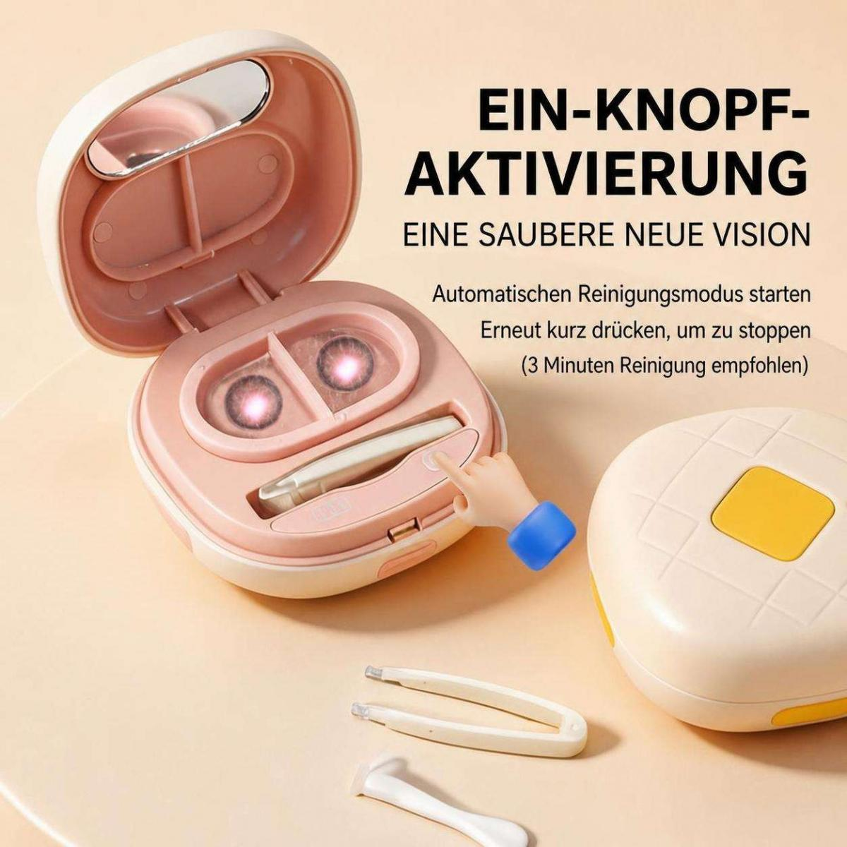 Rosa Kontaktreinigungsbox mit offenem Deckel, Spiegel und integrierten Werkzeugen auf beigem Hintergrund.