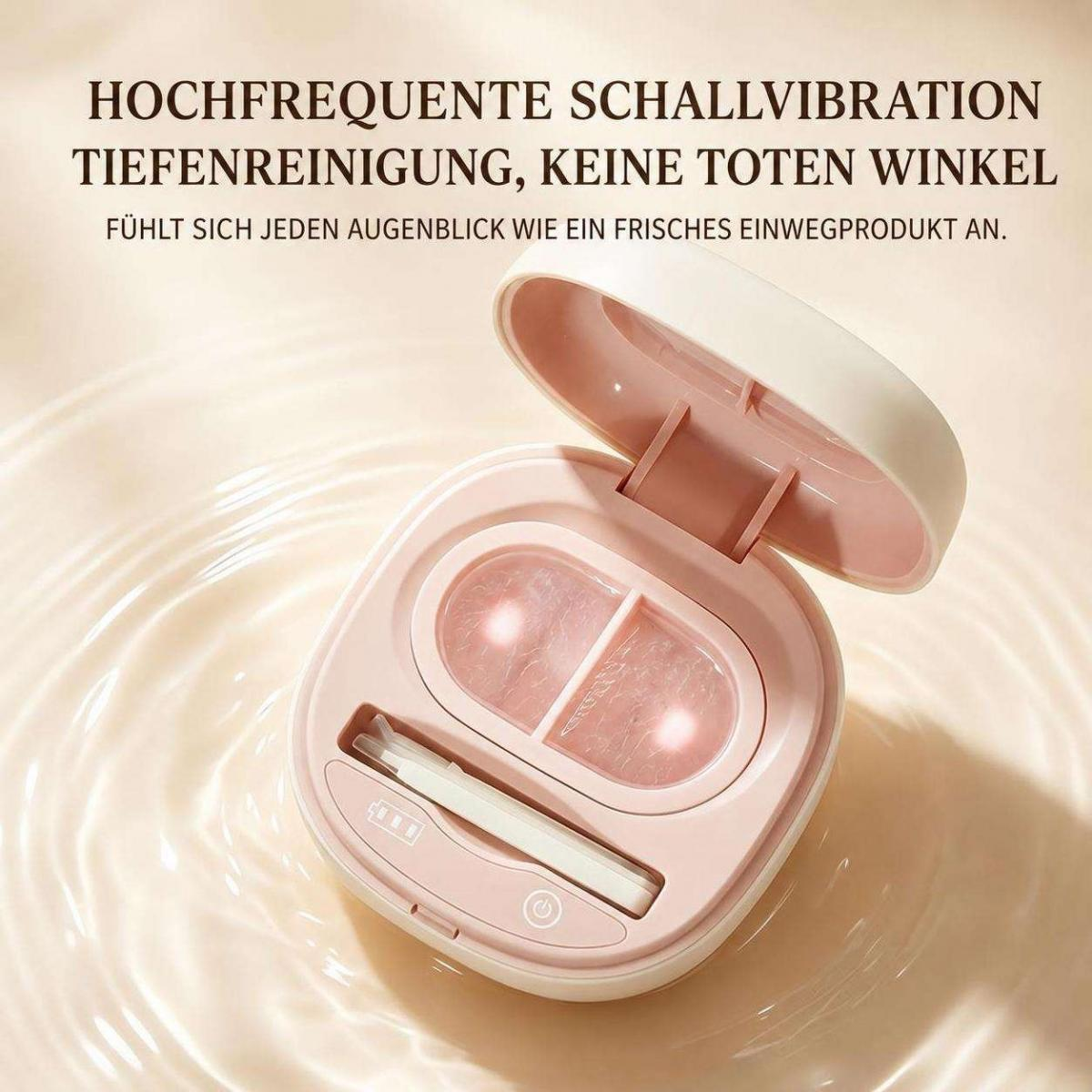 Ein offener rosa Ultraschallreiniger auf einer wasserähnlichen Oberfläche mit deutschem Werbetext.