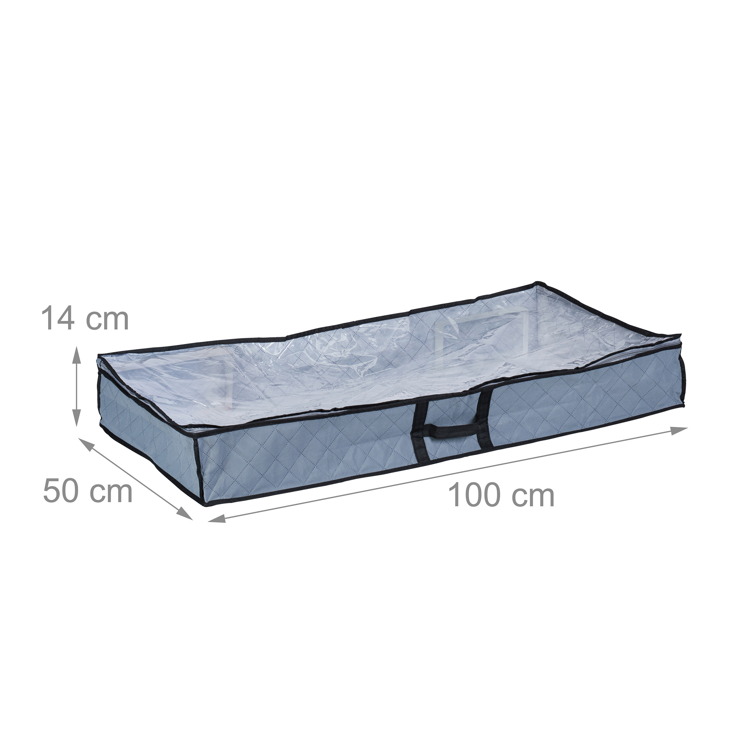Graue Aufbewahrungstasche mit transparentem Deckel und Maßen: 100x50x14 cm.