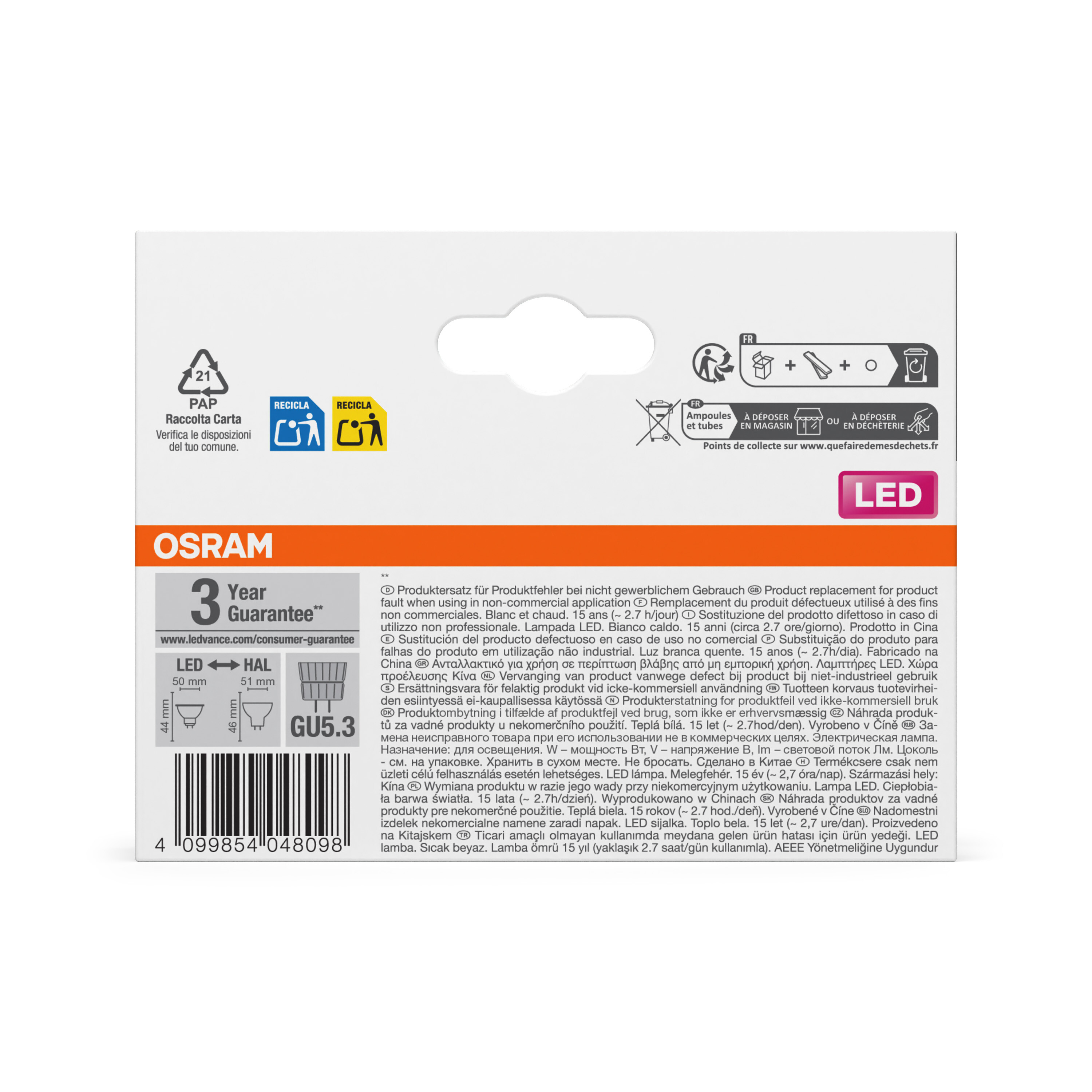 Rückseite einer Osram LED-Verpackung mit Garantieinformationen, Recycling-Symbolen, Barcode und mehrsprachigem Text.