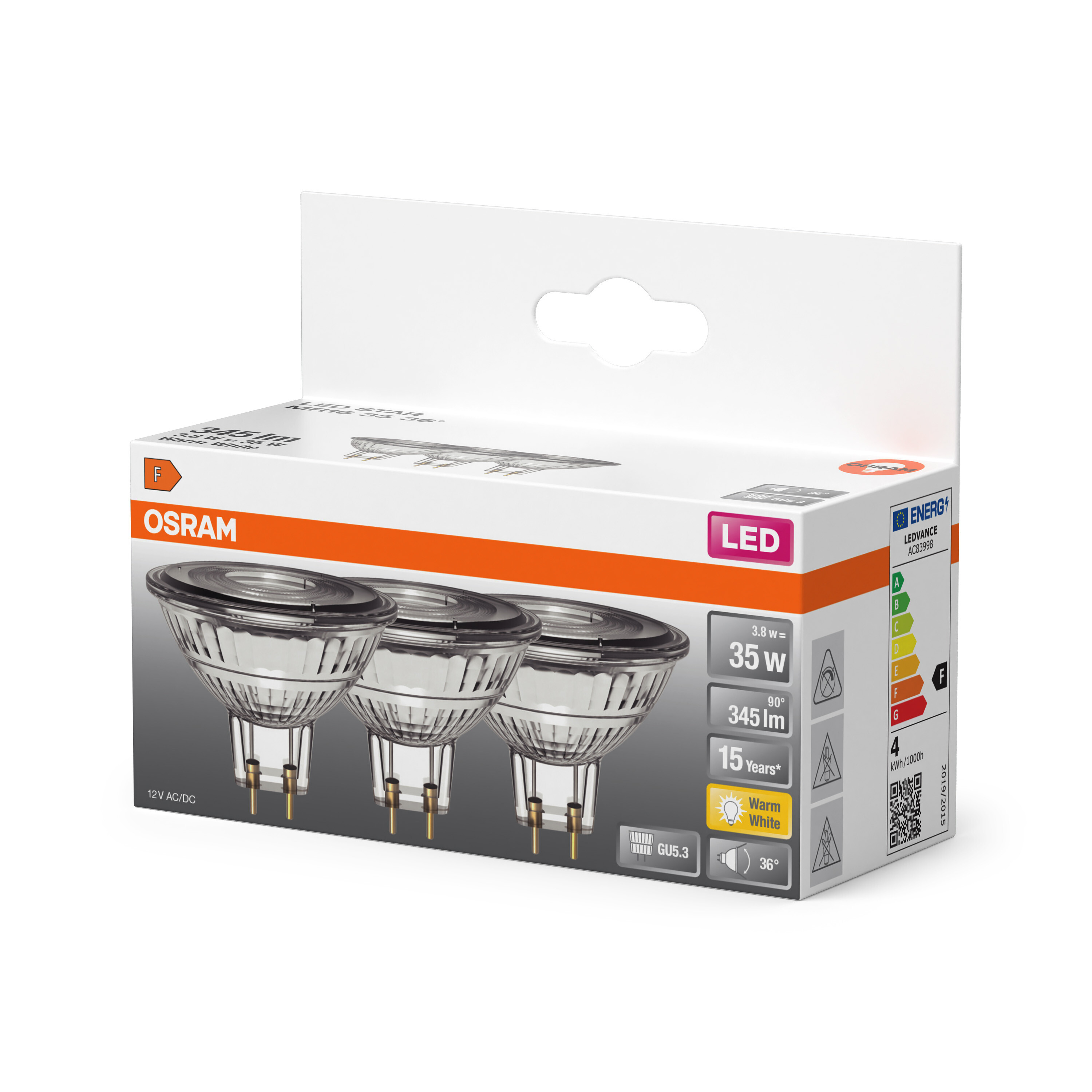 Osram LED-Glühbirnenverpackung zeigt drei GU5.3-Lampen, Energieeffizienzklasse F, warmweiß.