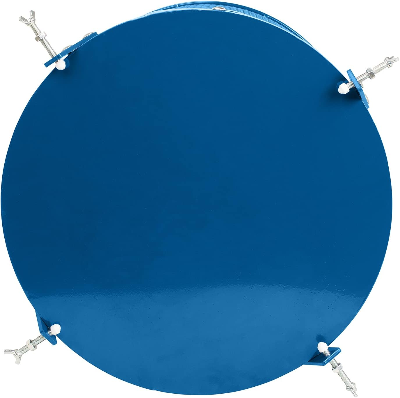 Eine runde blaue Metallkomponente mit vier Gewindebolzen und FlÃ¼gelmuttern an den Kanten auf weiÃŸem Hintergrund.
