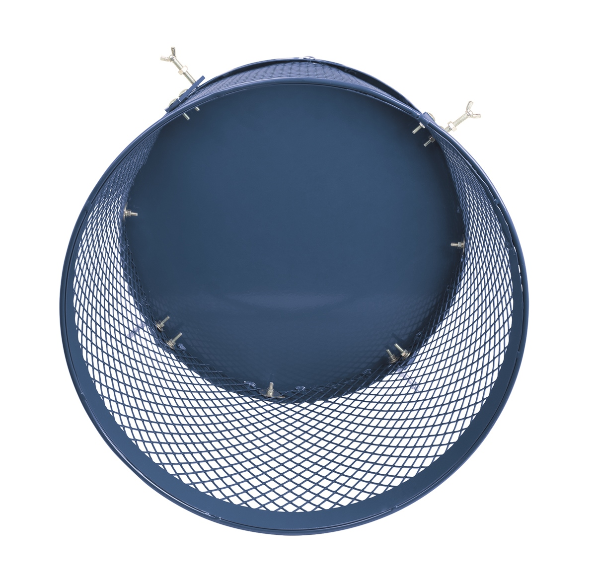 Top-Down-Ansicht eines runden, blauen Metallnetzkorbs mit Befestigungsschrauben.