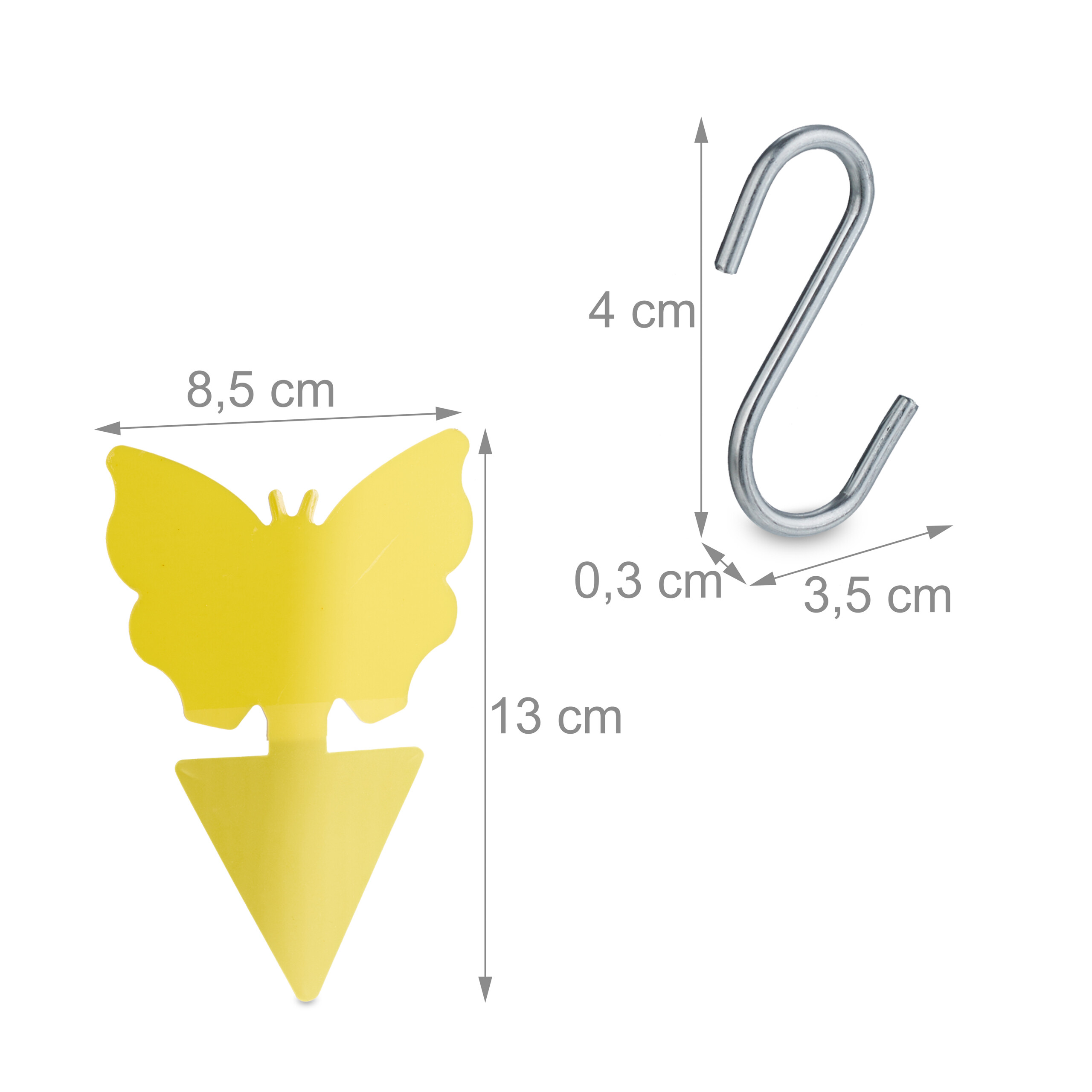 Gelbe Schmetterlings-Falle mit Maßen und ein S-Haken.