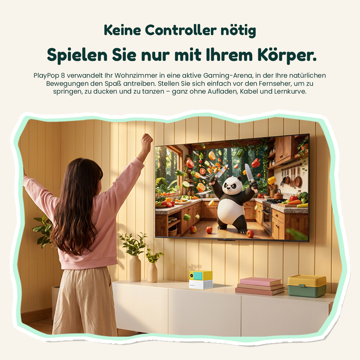 Ein Mädchen spielt vor dem Fernseher ein interaktives Videospiel, in dem ein Panda Messer wirft.