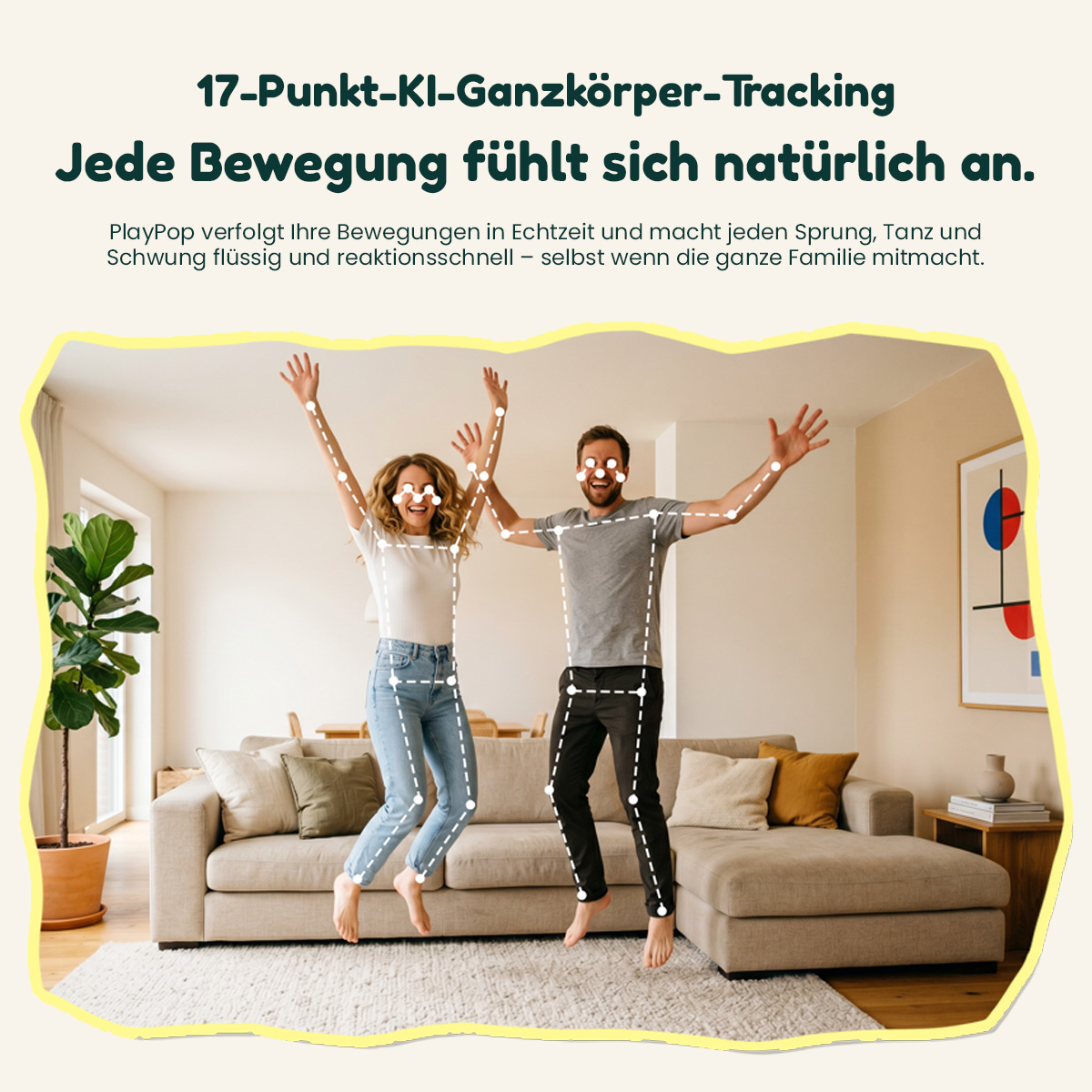 Ein Paar springt fröhlich vor einem Sofa im Wohnzimmer, markiert mit KI-Tracking-Punkten.