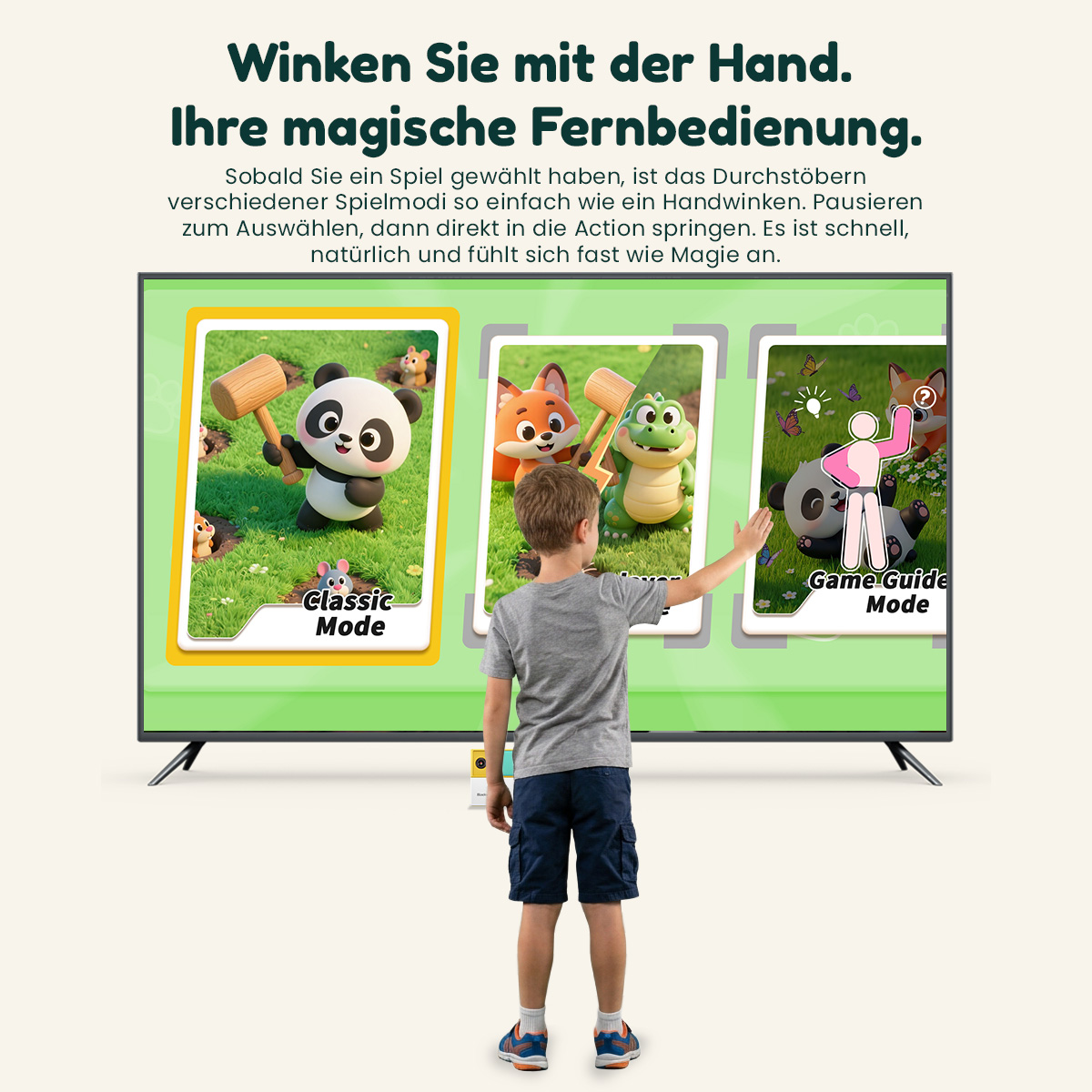 Ein Junge steuert ein großes TV-Spiel mit Handgesten, während verschiedene Modi angezeigt werden.