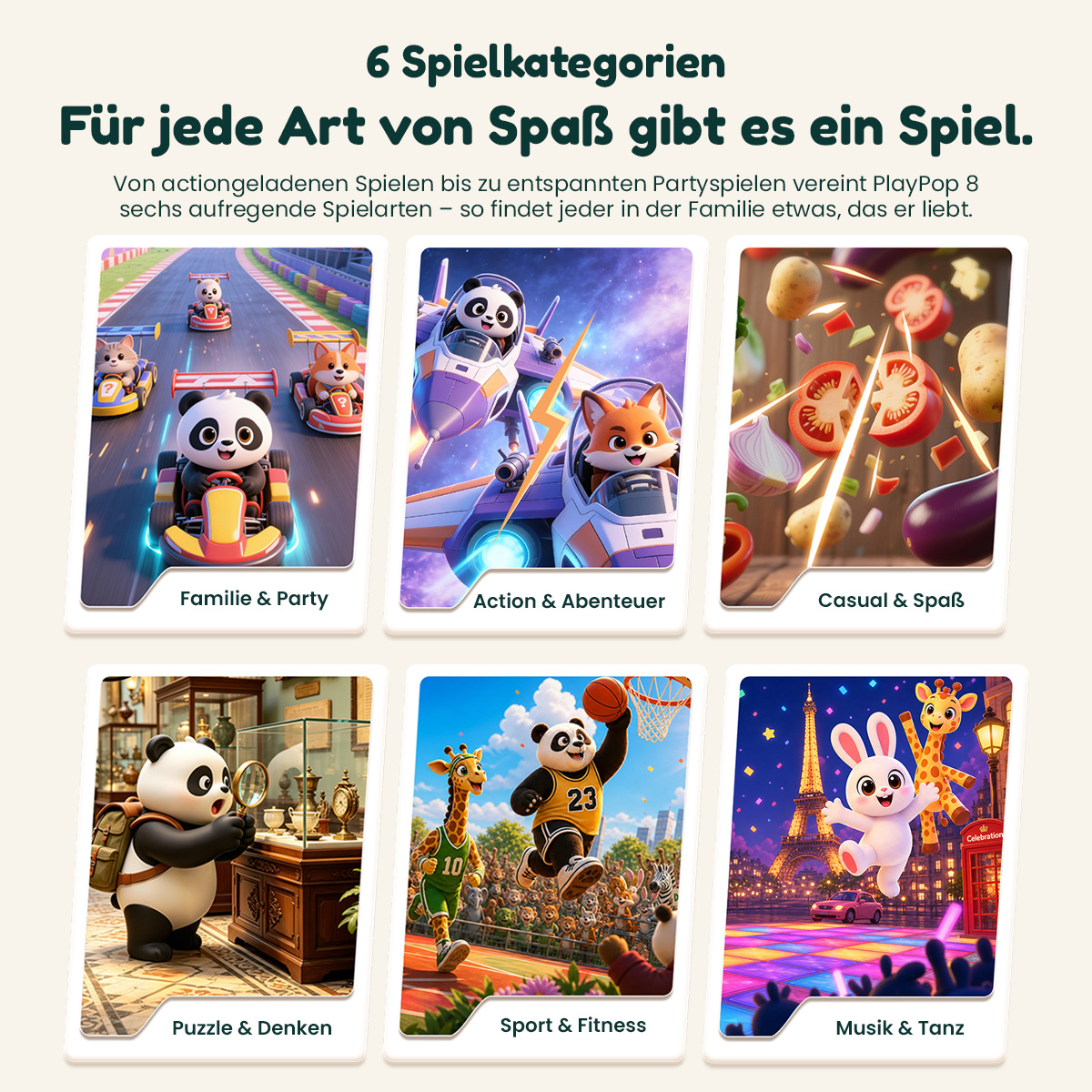 Übersicht von sechs Spielkategorien mit Tieren in verschiedenen Szenen wie Autorennen und Weltraum.
