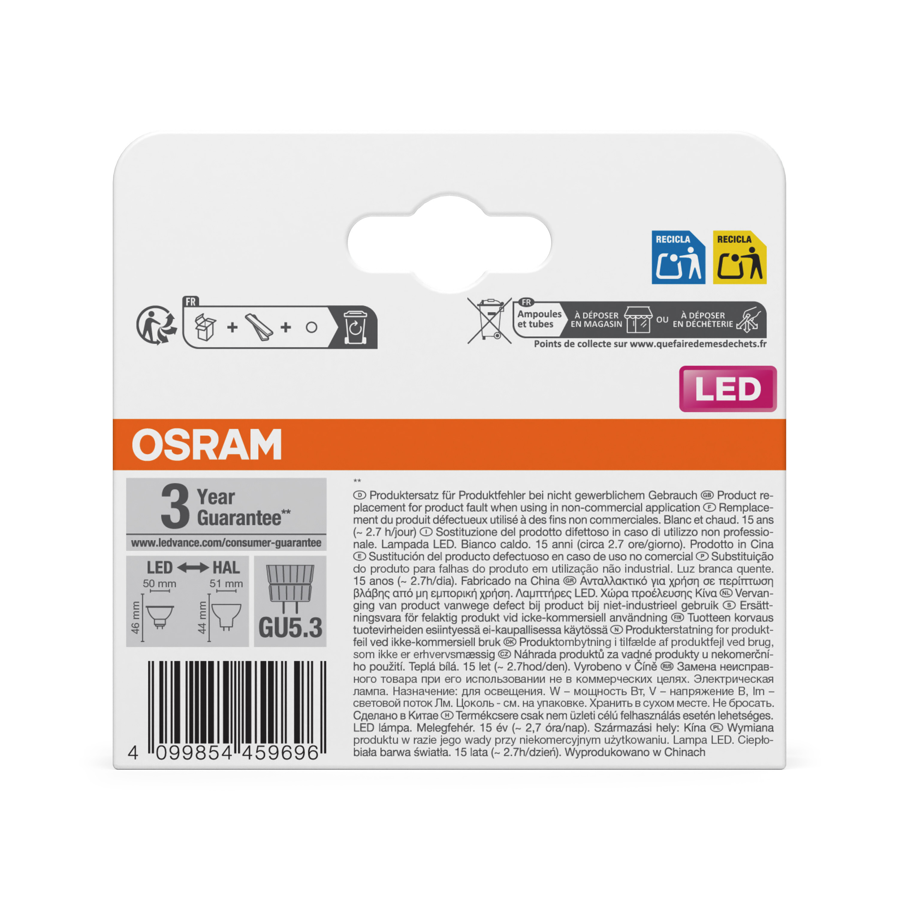 Osram LED-Lampenverpackung mit GU5.3 Sockel, Garantie- und Recycling-Symbolen.