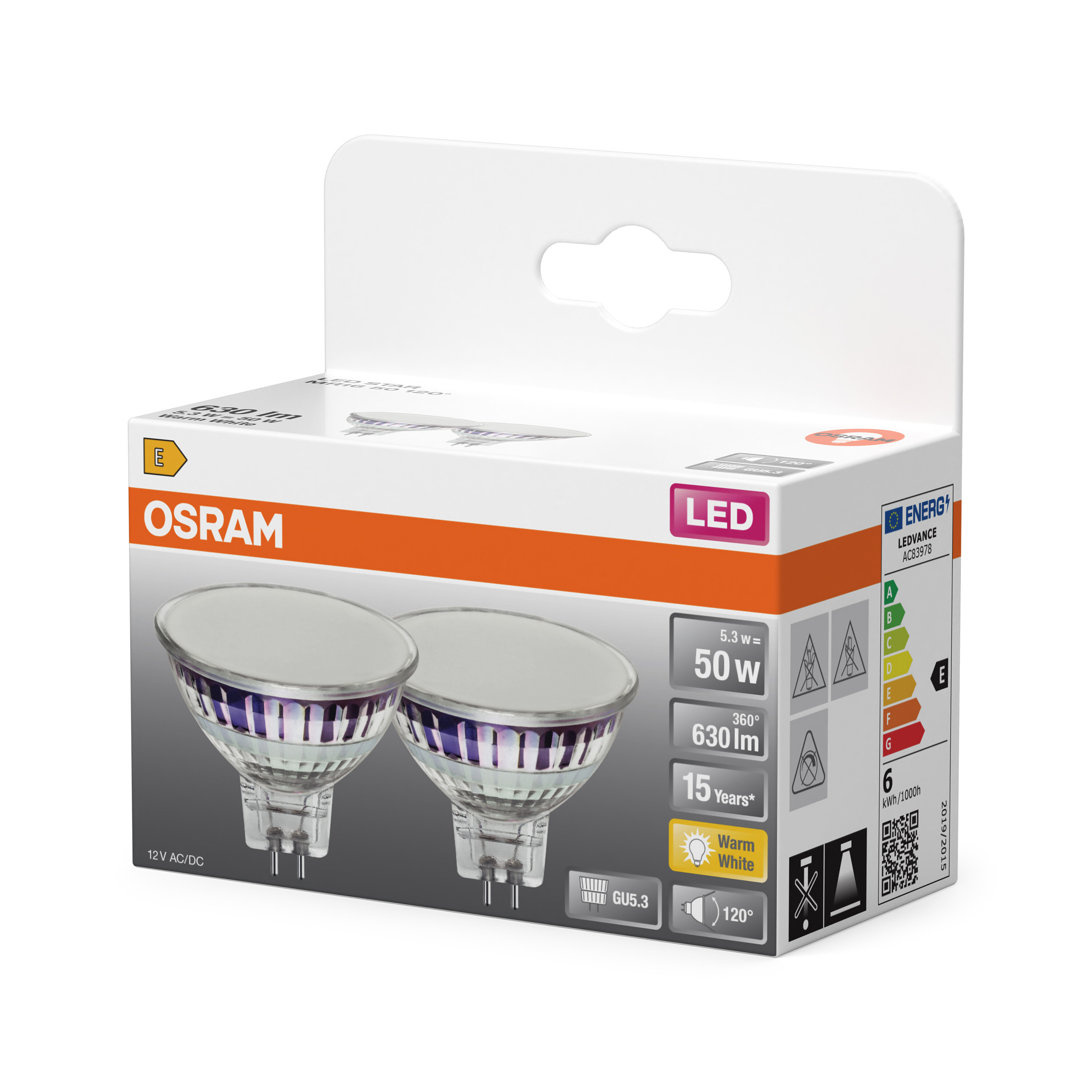 Osram LED Glühbirnen-Verpackung mit zwei MR16-Lampen, Energieeffizienzklasse E und technischen Daten.