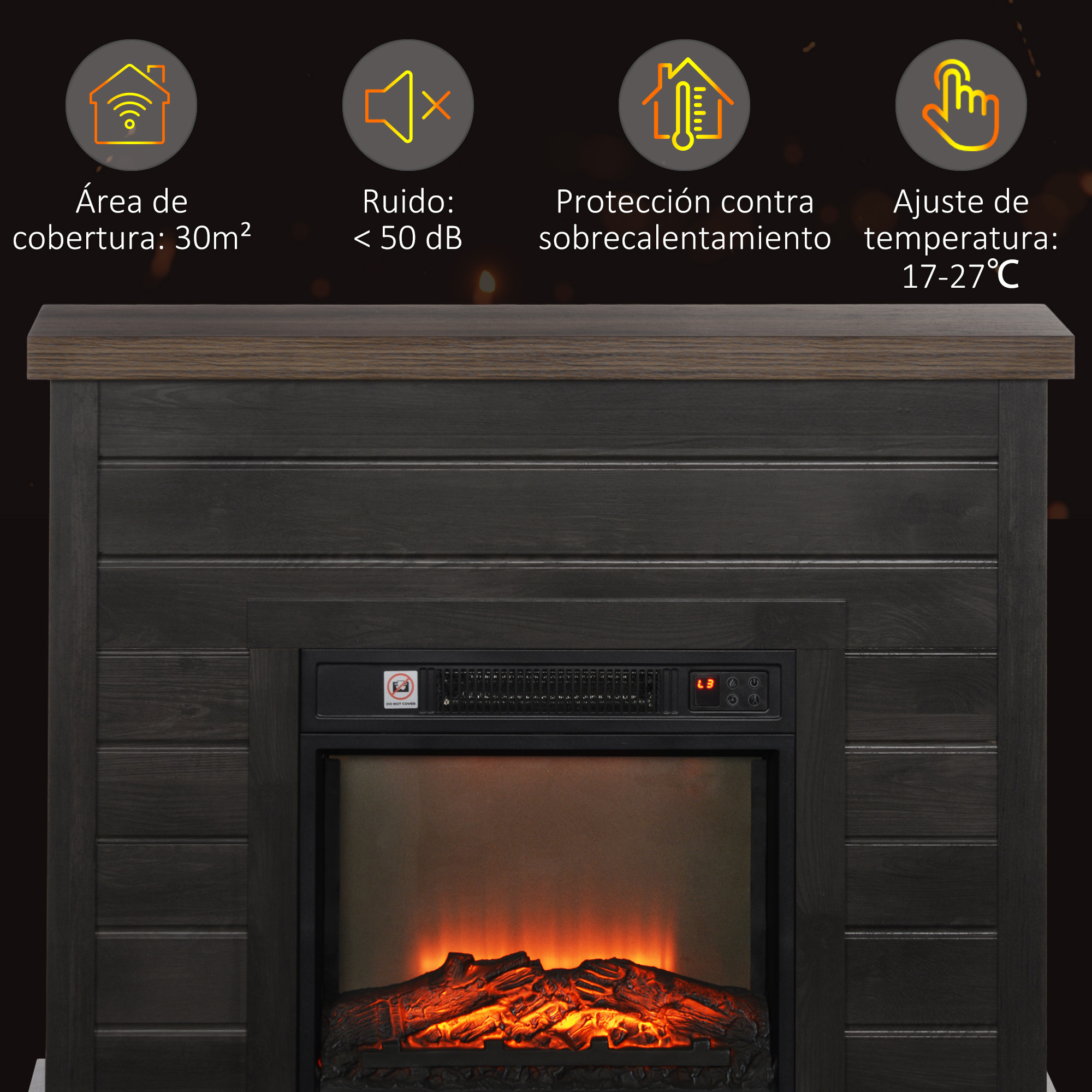 Chimenea eléctrica oscura con repisa de madera y cuatro iconos de funciones arriba.