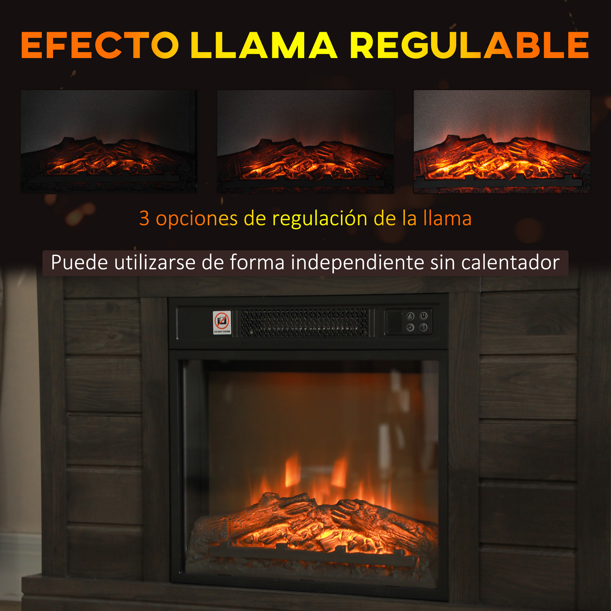 Chimenea eléctrica que muestra efectos de llama regulables en tres niveles de intensidad.