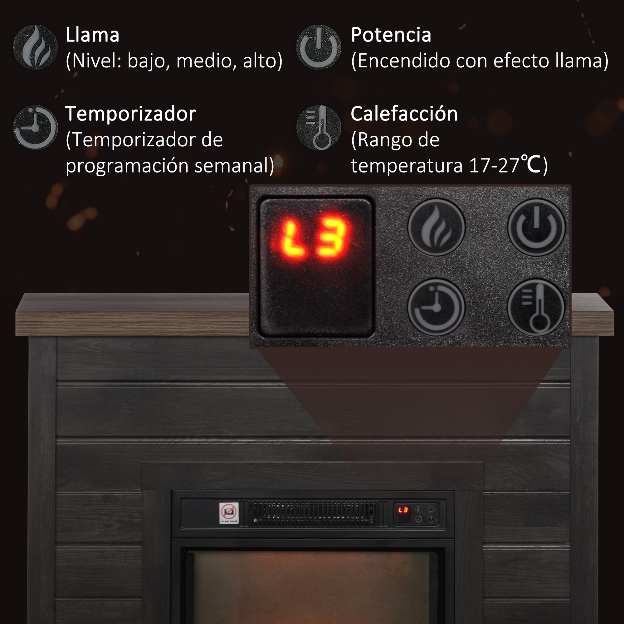 Panel de control de una chimenea eléctrica con efecto llama, temporizador y temperatura.