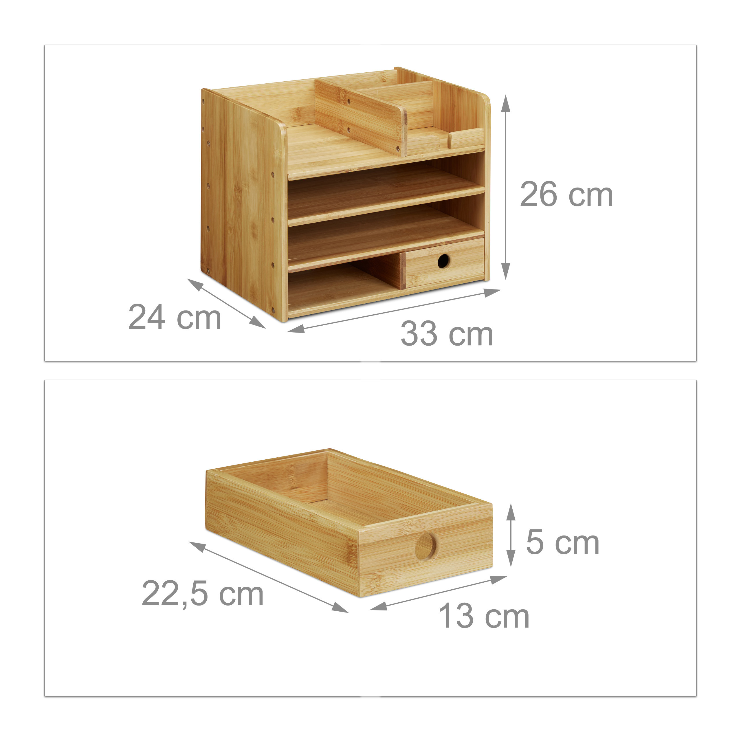 Bambus-Schreibtisch-Organizer mit Maßen von 33x24x26 cm und einer Schublade von 13x22,5x5 cm.