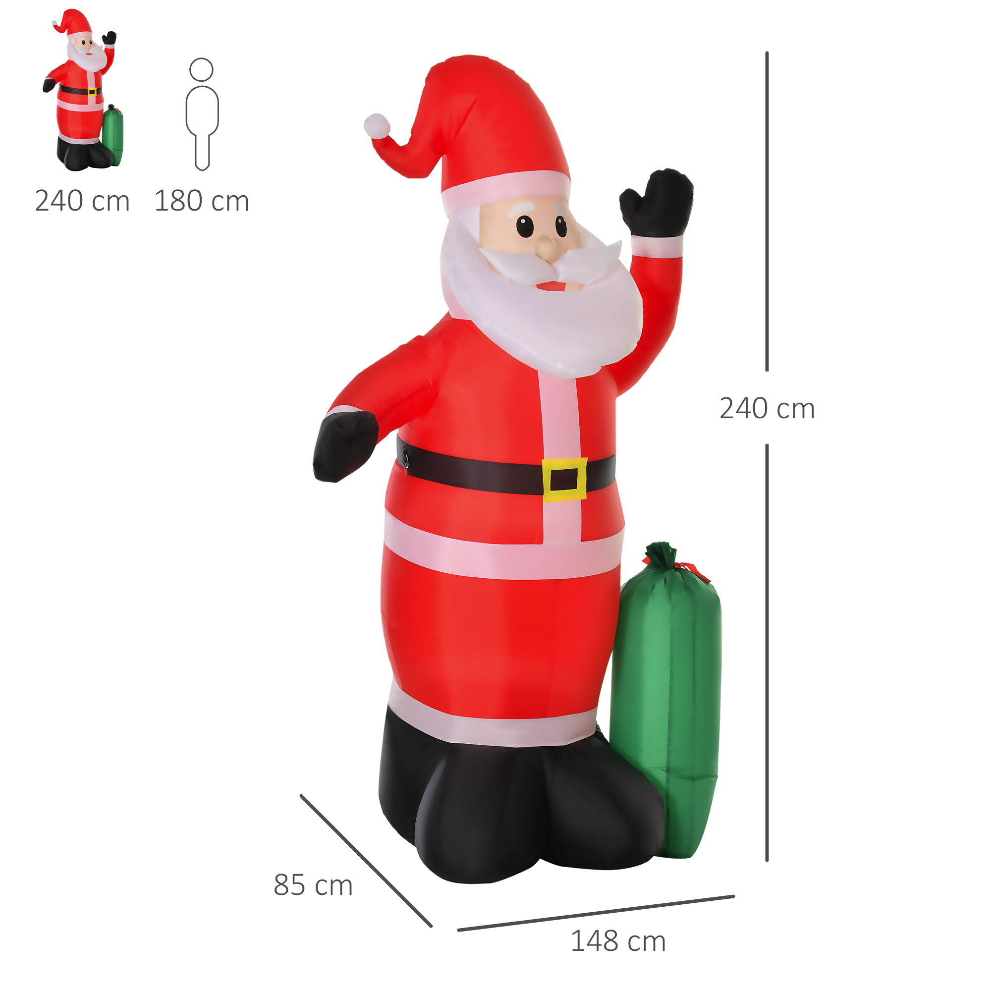 Papá Noel inflable con bolsa de regalo verde y dimensiones.
