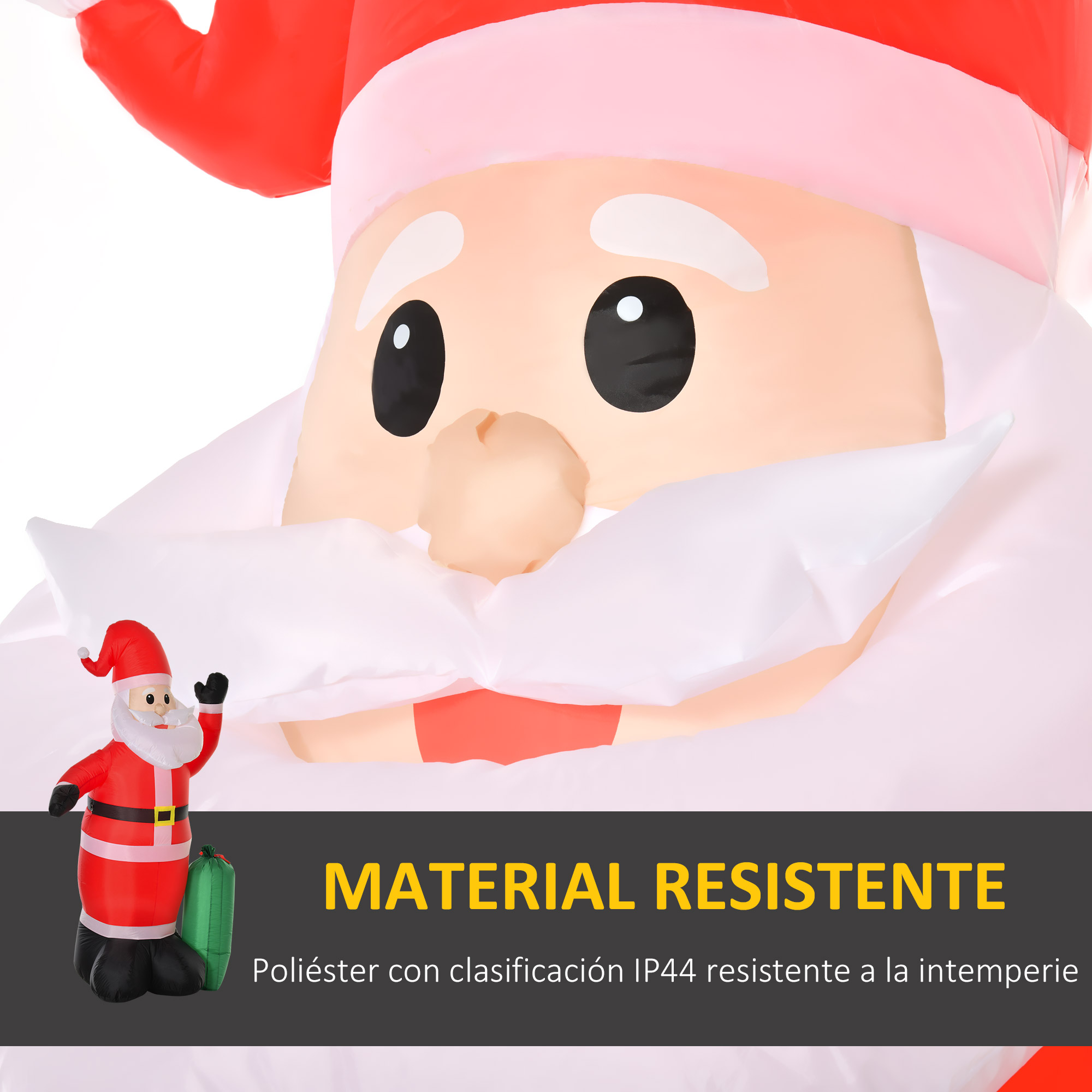 Primer plano de la cara de un Papá Noel hinchable con barba blanca y texto sobre material resistente.