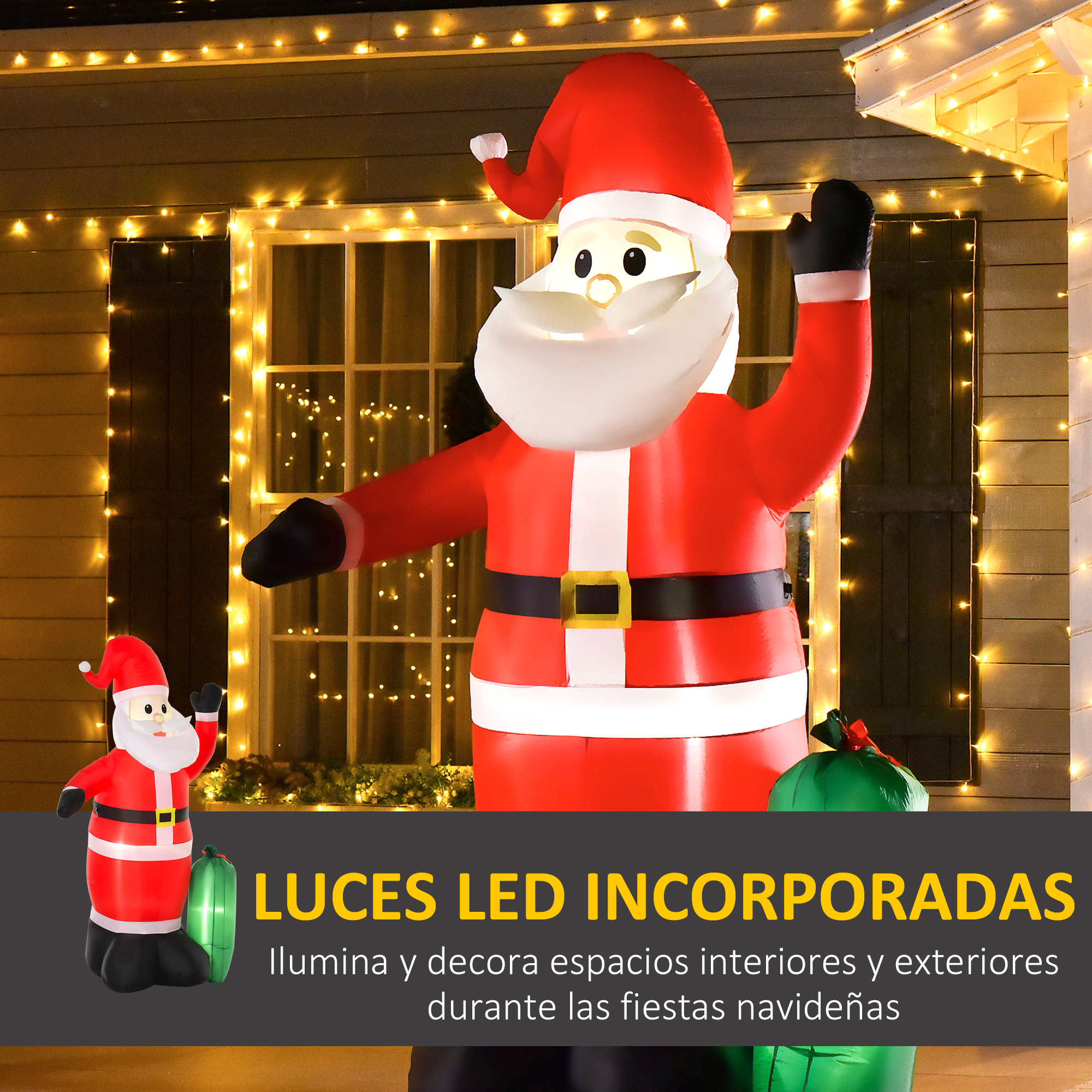 Papá Noel hinchable con luces LED frente a una casa.