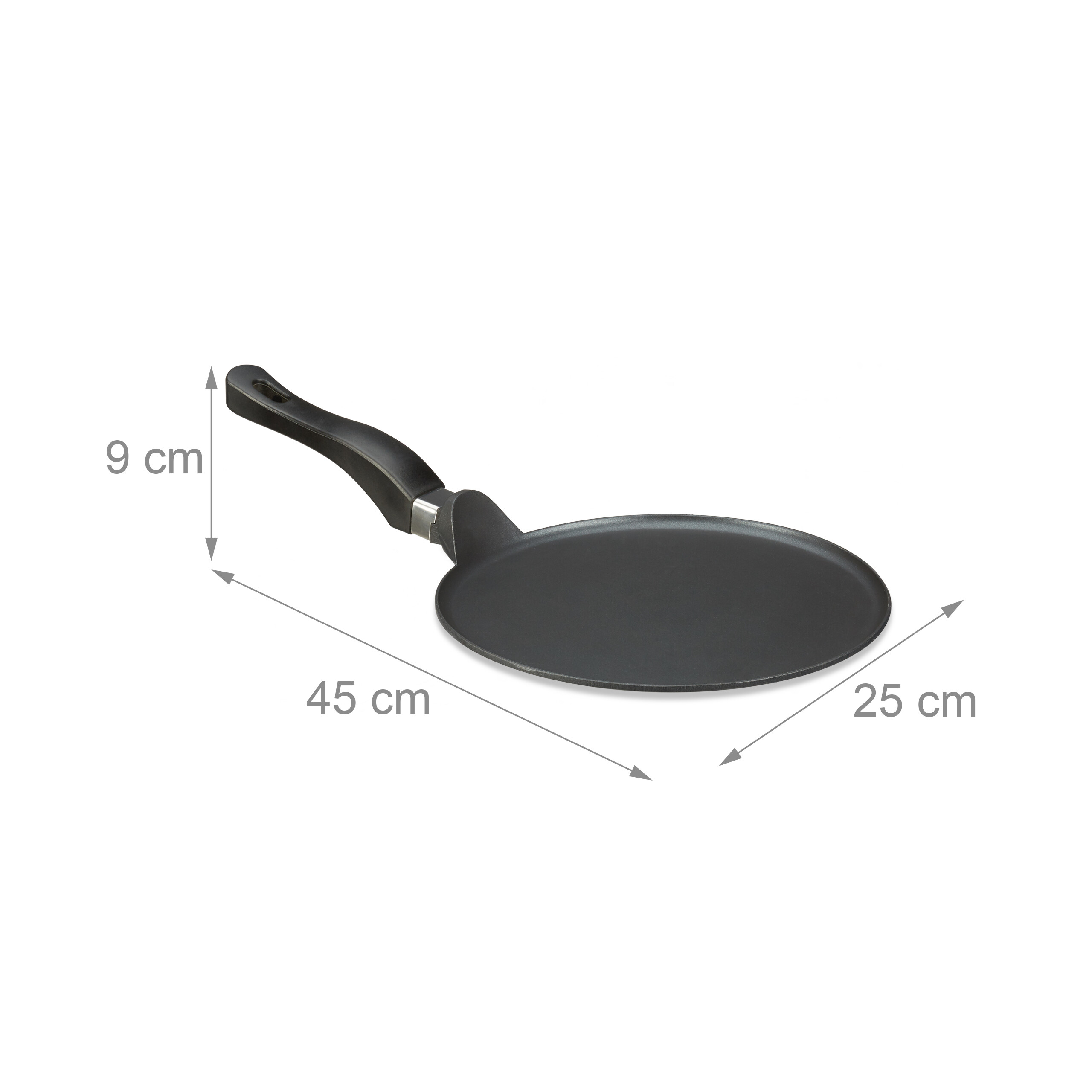 Schwarze Crêpes-Pfanne mit Griff und Maßen 45x25x9 cm auf weißem Hintergrund.