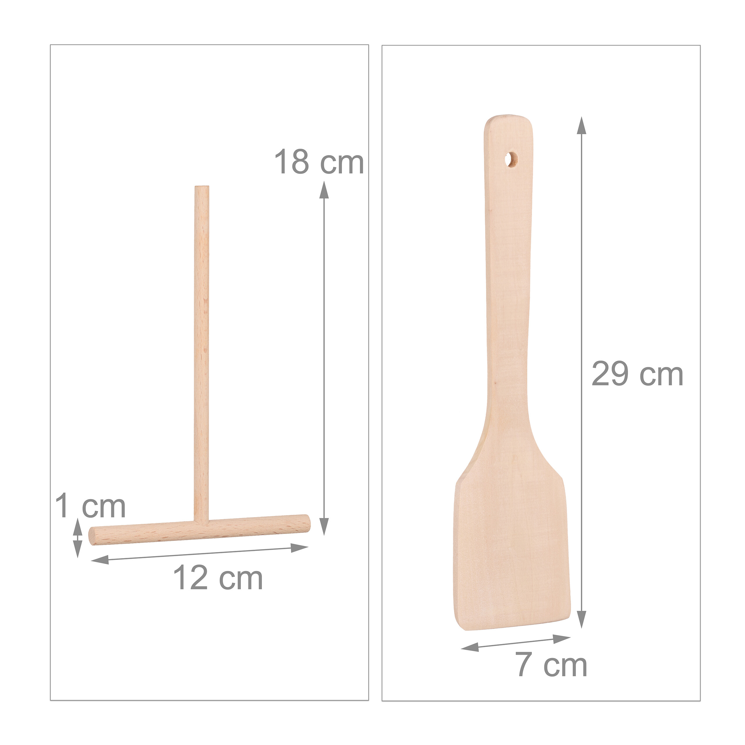 Diagramm zeigt Holzküchenutensilien mit Maßen in Zentimetern auf weißem Hintergrund.