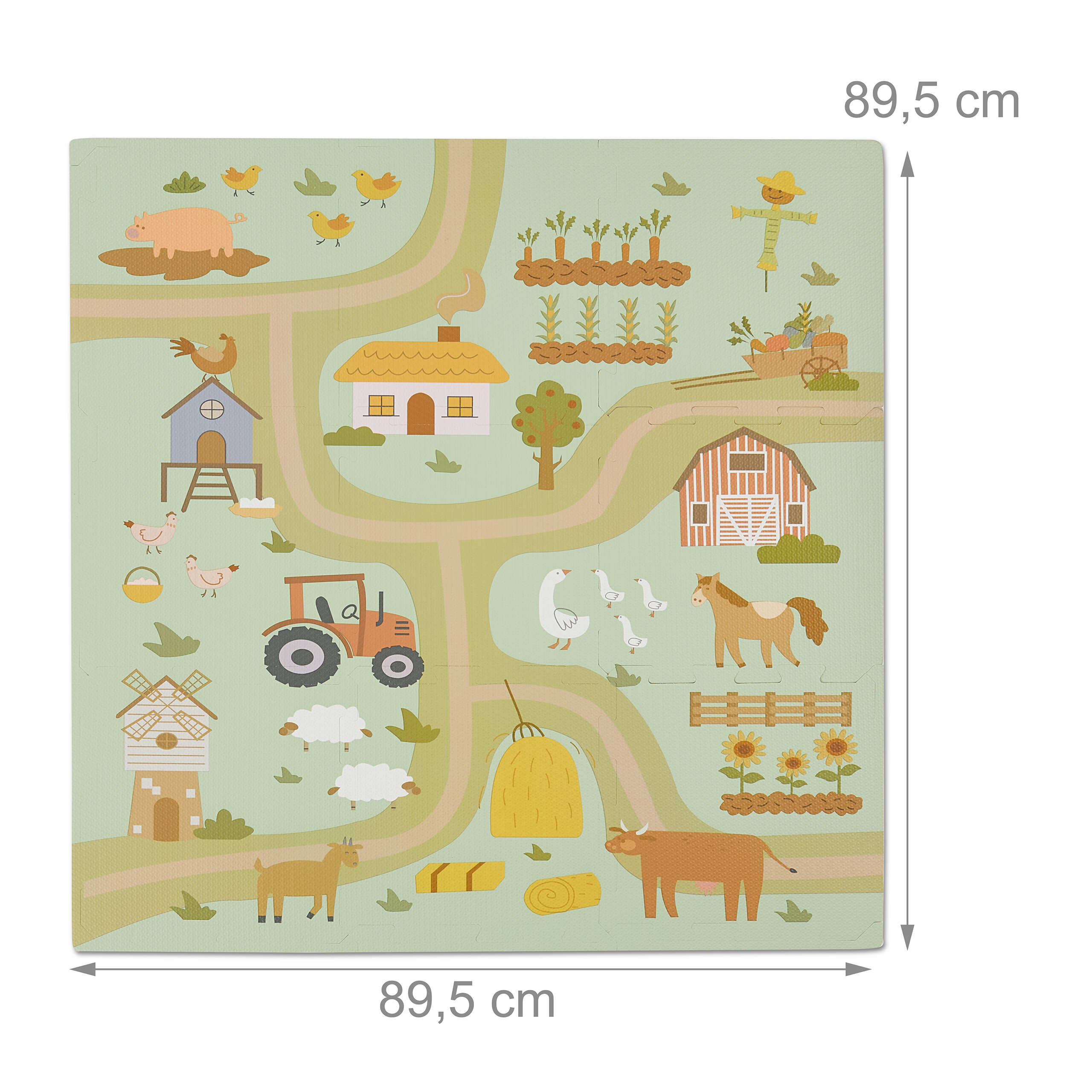 Farm-Spielteppich mit Wegen, Tieren, Haus, Traktor und Windmühle; Maße 89,5x89,5 cm.