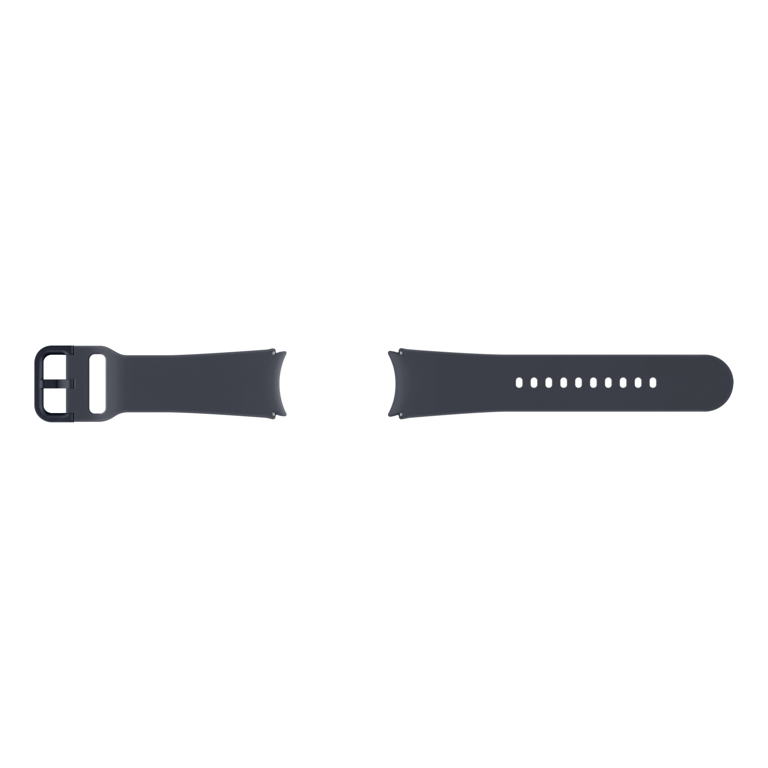 Ein schwarzes Silikon-Uhrenarmband, in zwei Teile zerlegt, vor einem einfarbigen schwarzen Hintergrund.