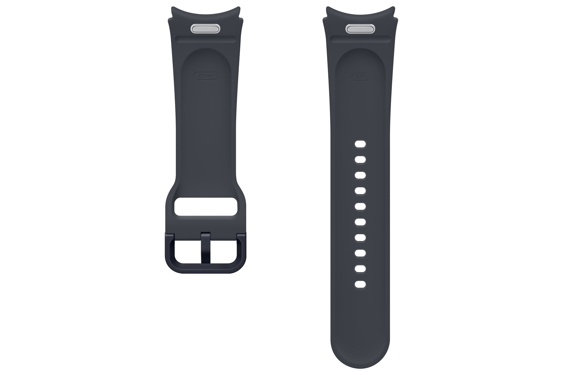 Zwei Teile eines dunkelgrauen Silikon-Smartwatch-Armbands vor weißem Hintergrund.