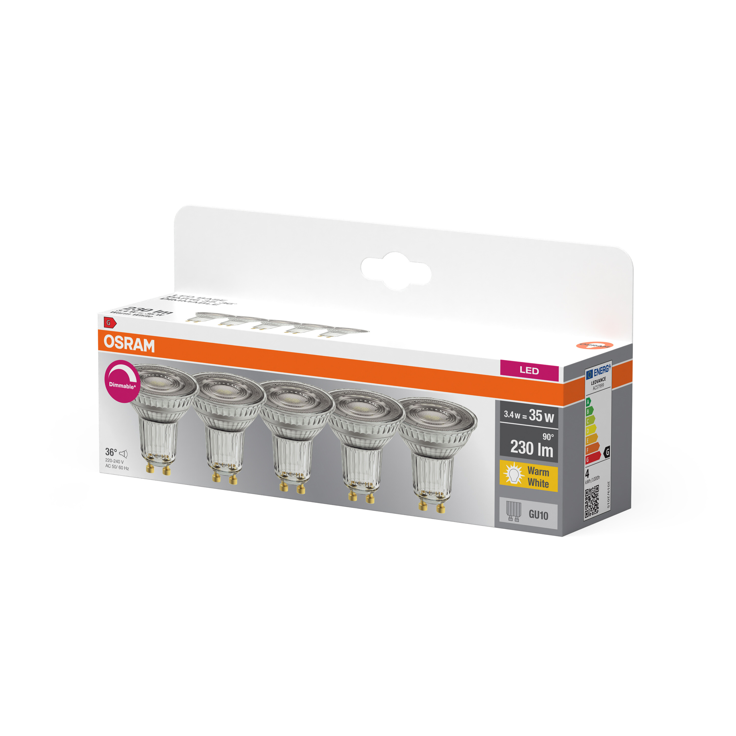 Eine weiße und orange Osram-Verpackung mit fünf LED-Glühbirnen, technischen Daten und Energieeffizienzlabel.