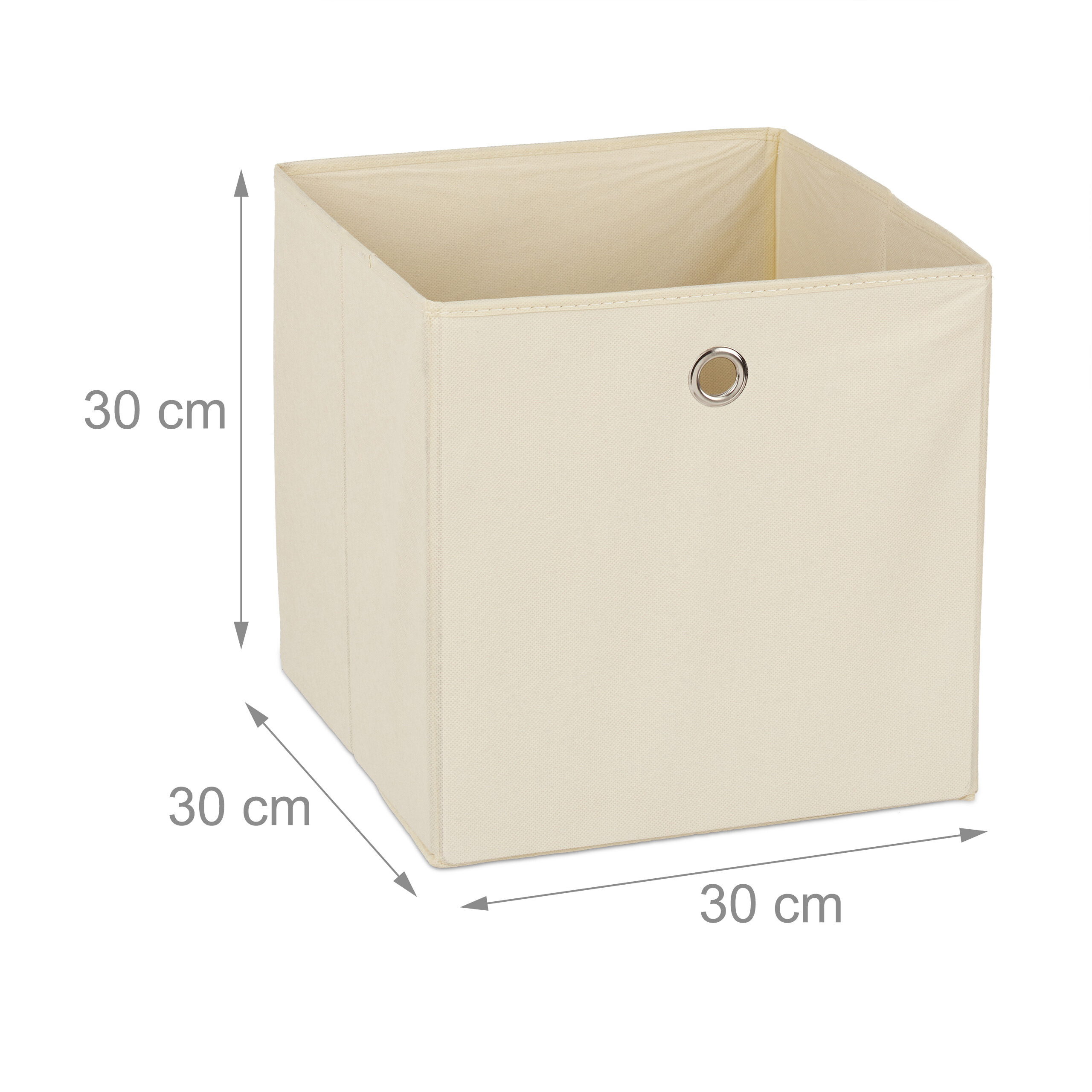 Beige Stoff-Aufbewahrungsbox mit 30 cm Kantenlänge und Metallöse vorne.