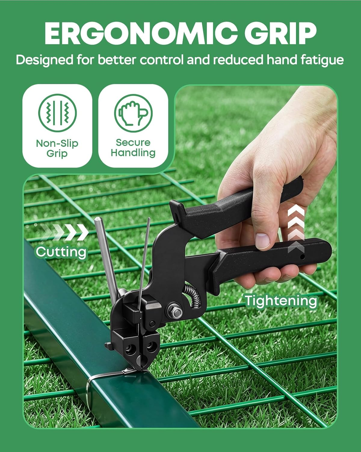 Hand hält ergonomische Drahtzaun-Zange über grünem Gras.