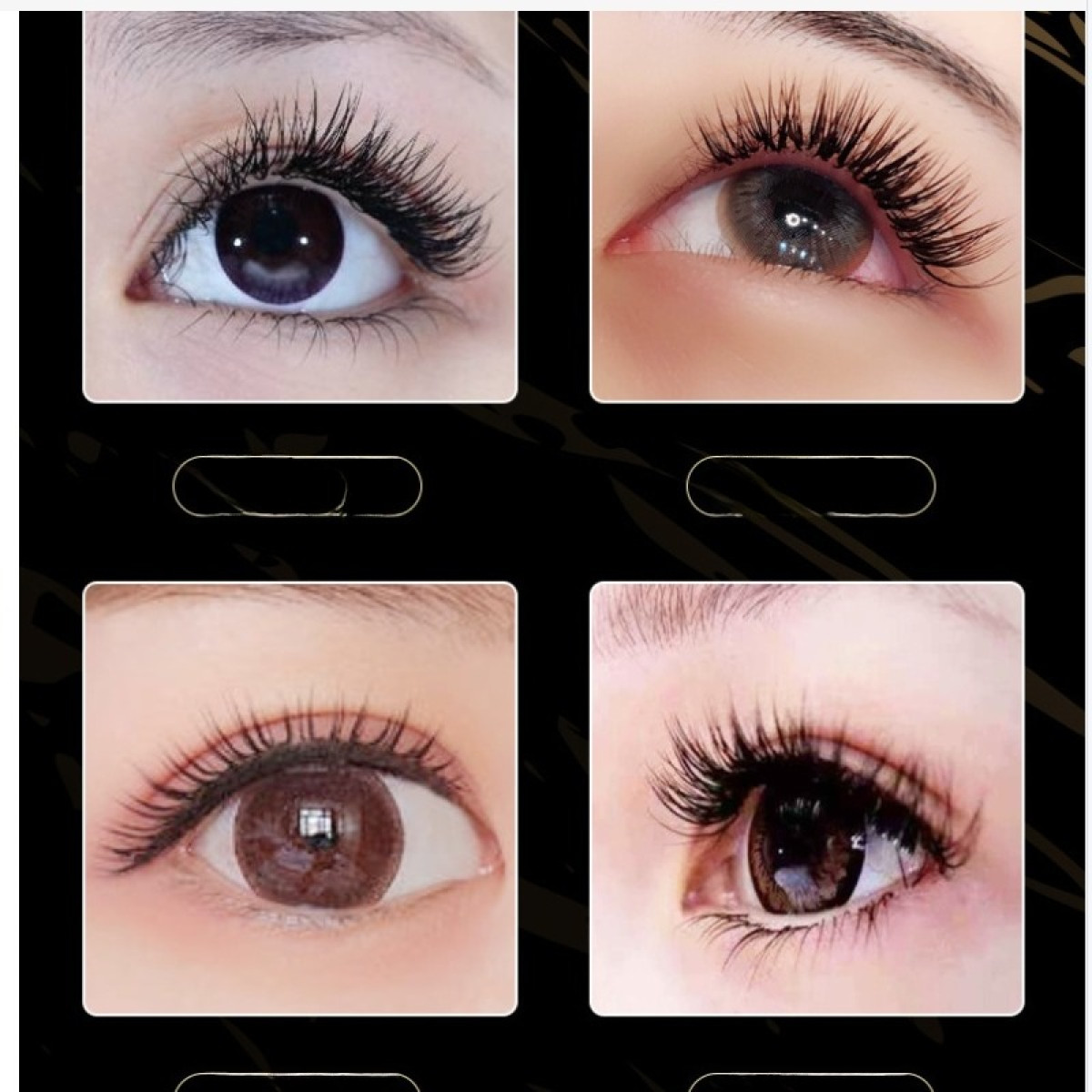 Vier Nahaufnahmen von Frauenaugen mit langen, dunklen Wimpern und Kontaktlinsen.