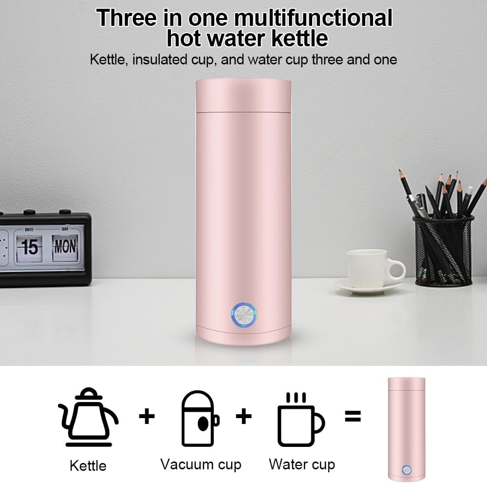 Rosa multifunktionaler Wasserkocher mit Uhr und Stifthalter auf dem Tisch.
