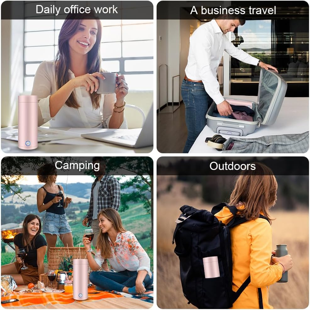 Vier Szenen mit einer rosa Flasche: Büro, Reisen, Camping und Outdoor.